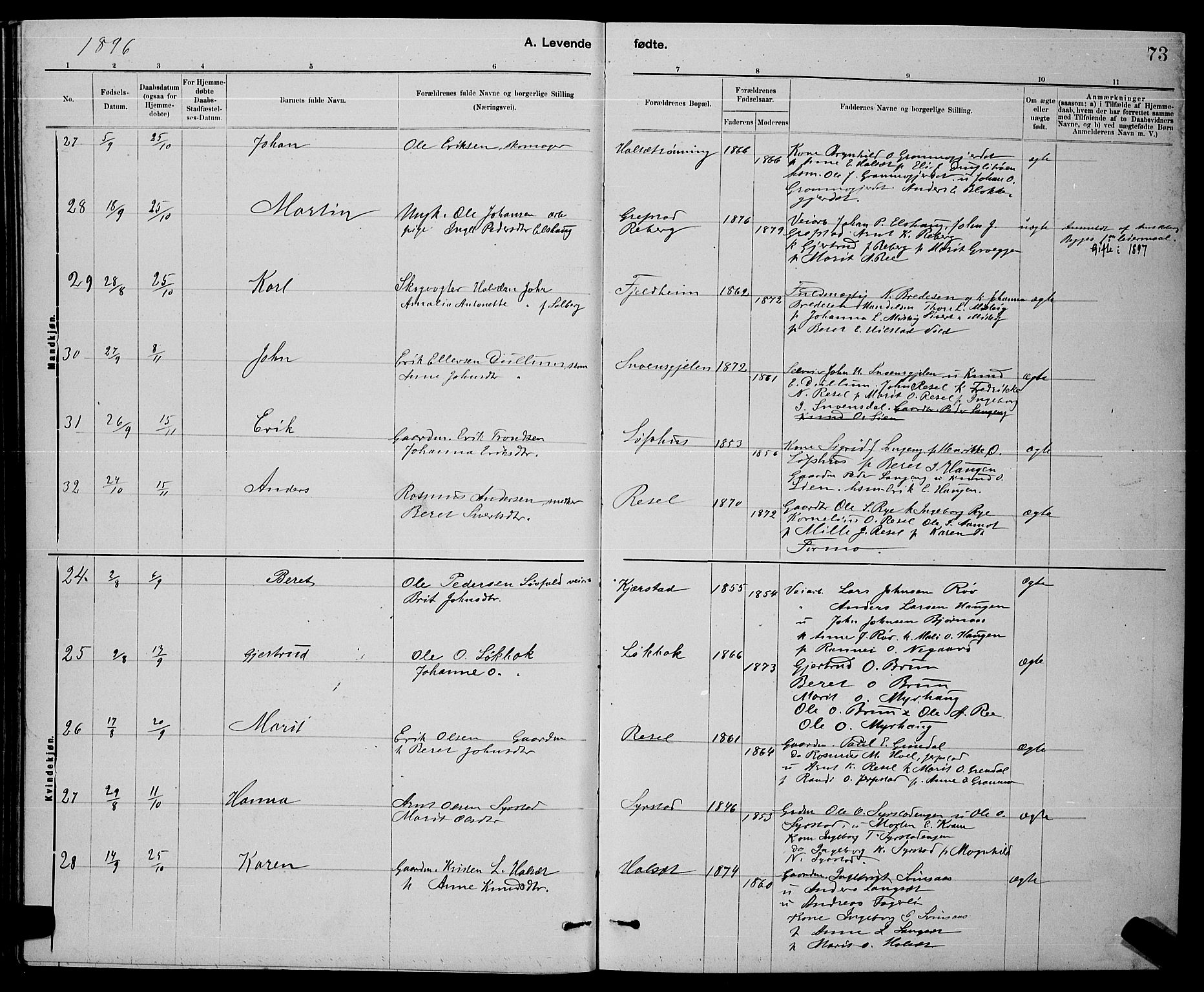 Ministerialprotokoller, klokkerbøker og fødselsregistre - Sør-Trøndelag, SAT/A-1456/672/L0863: Klokkerbok nr. 672C02, 1888-1901, s. 73