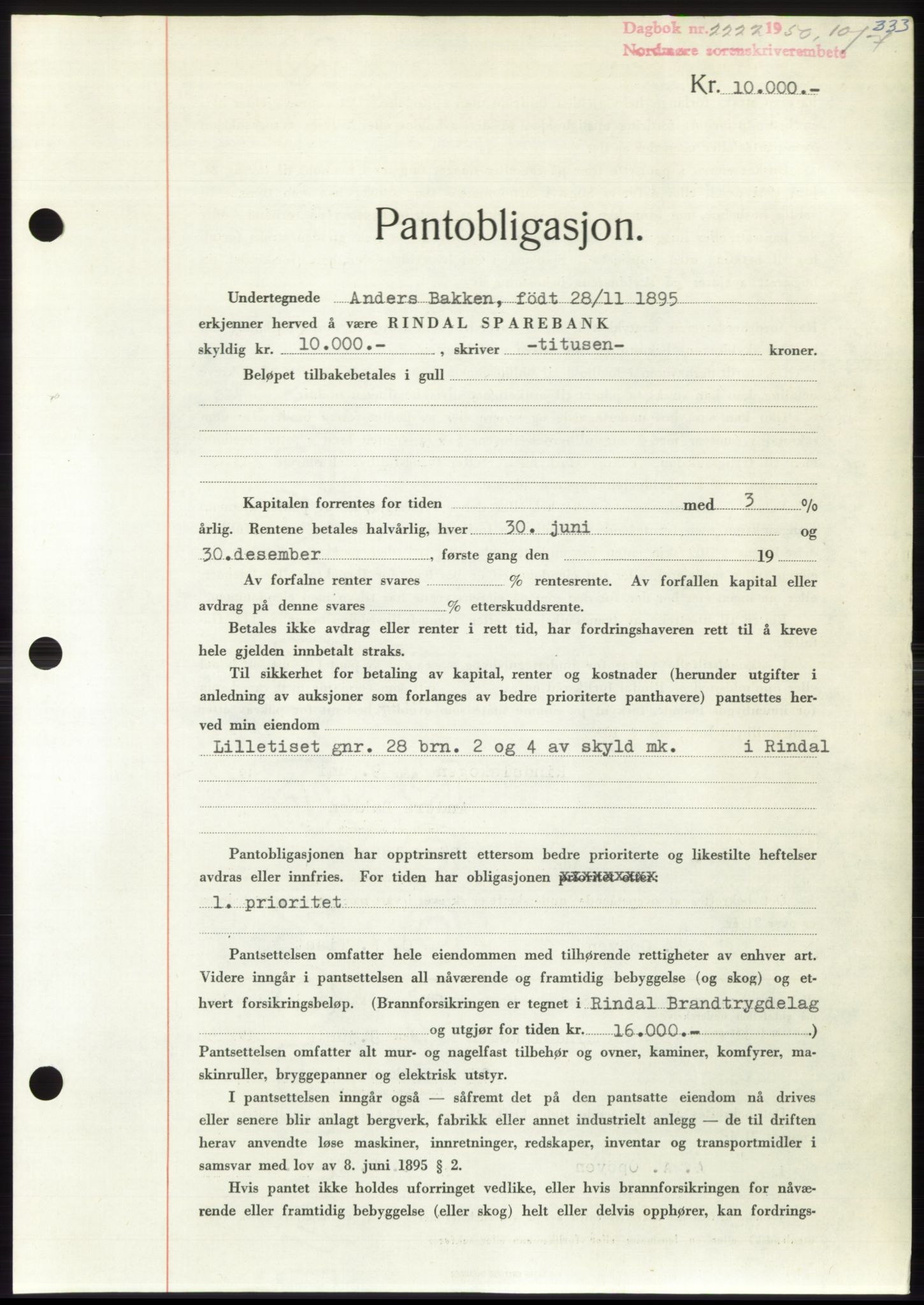 Nordmøre sorenskriveri, AV/SAT-A-4132/1/2/2Ca: Pantebok nr. B105, 1950-1950, Dagboknr: 2222/1950