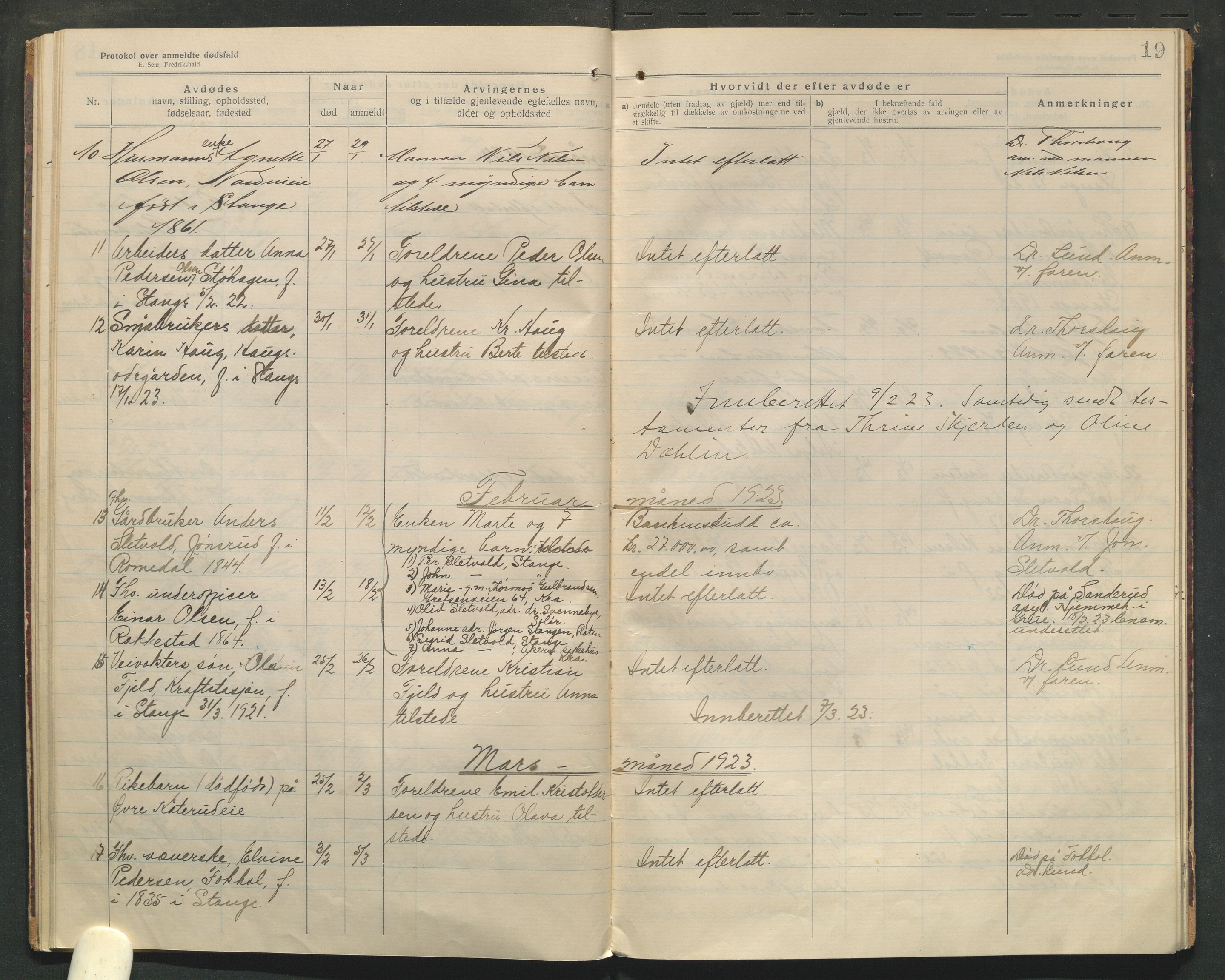 Stange lensmannskontor, SAH/LHS-020/H/Ha/Haa/L0001/0004: Dødsfallsprotokoller / Dødsfallsprotokoll, 1921-1925, s. 19