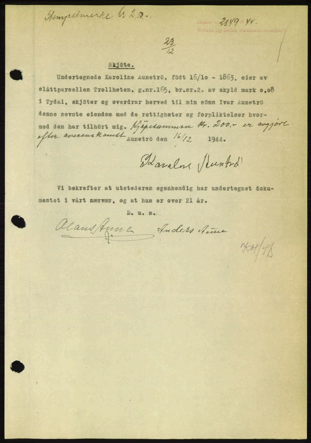 Strinda og Selbu sorenskriveri, SAT/A-0015/2/2C: Pantebok nr. A9, 1944-1945, Dagboknr: 2849/1944