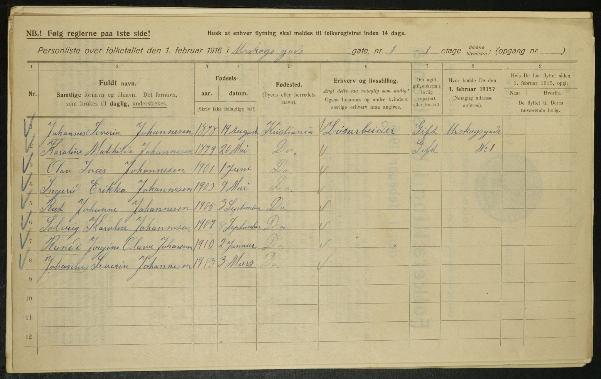 OBA, Kommunal folketelling 1.2.1916 for Kristiania, 1916, s. 2637