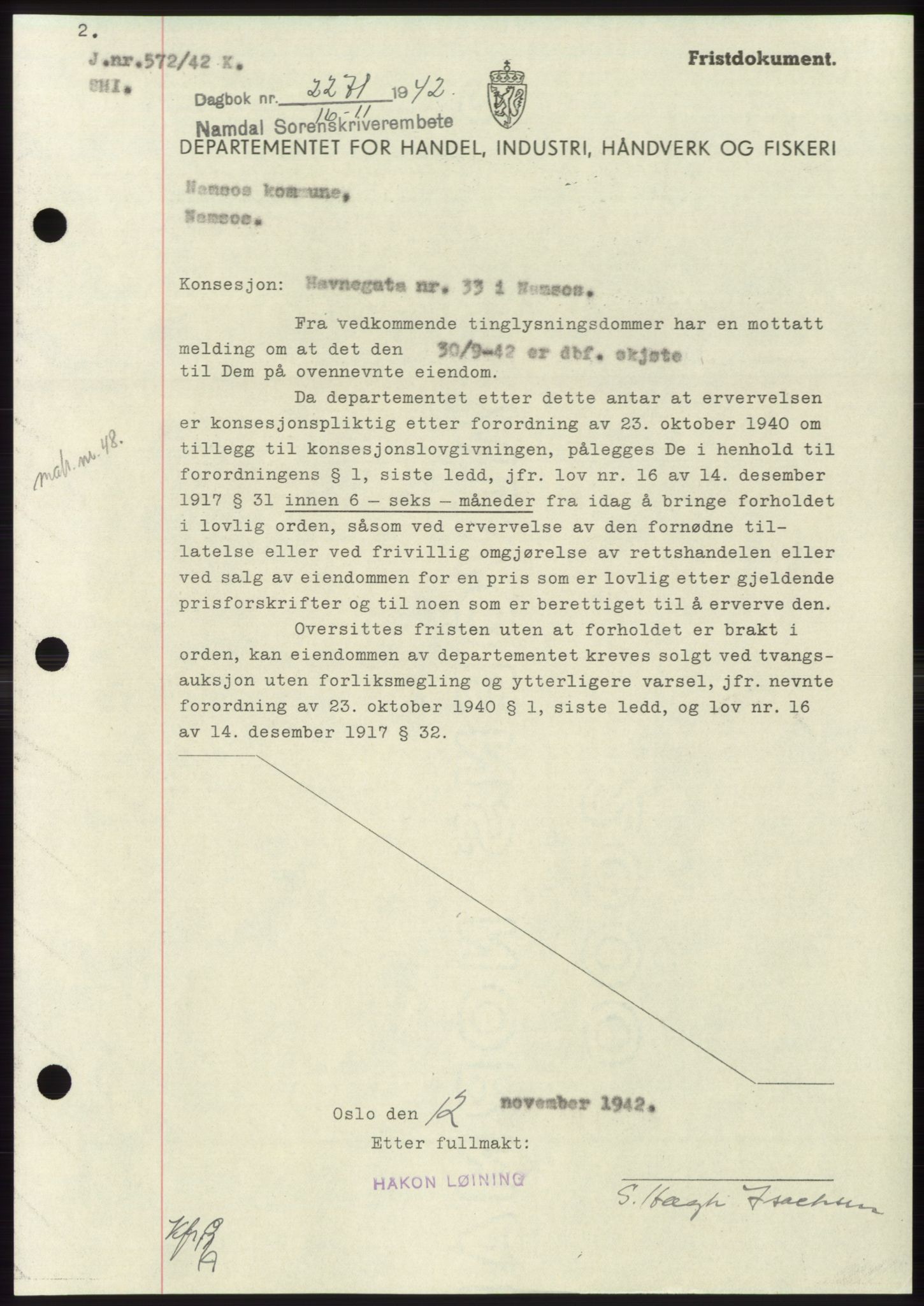 Namdal sorenskriveri, SAT/A-4133/1/2/2C: Pantebok nr. -, 1942-1943, Dagboknr: 2271/1942
