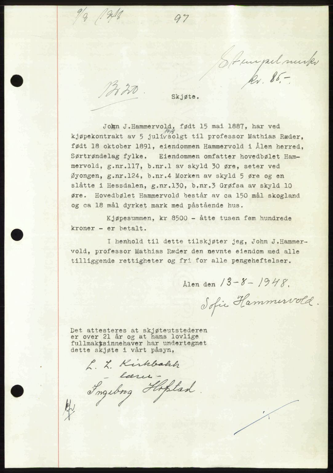 Gauldal sorenskriveri, SAT/A-0014/1/2/2C: Pantebok nr. A6, 1948-1948, Dagboknr: 1220/1948