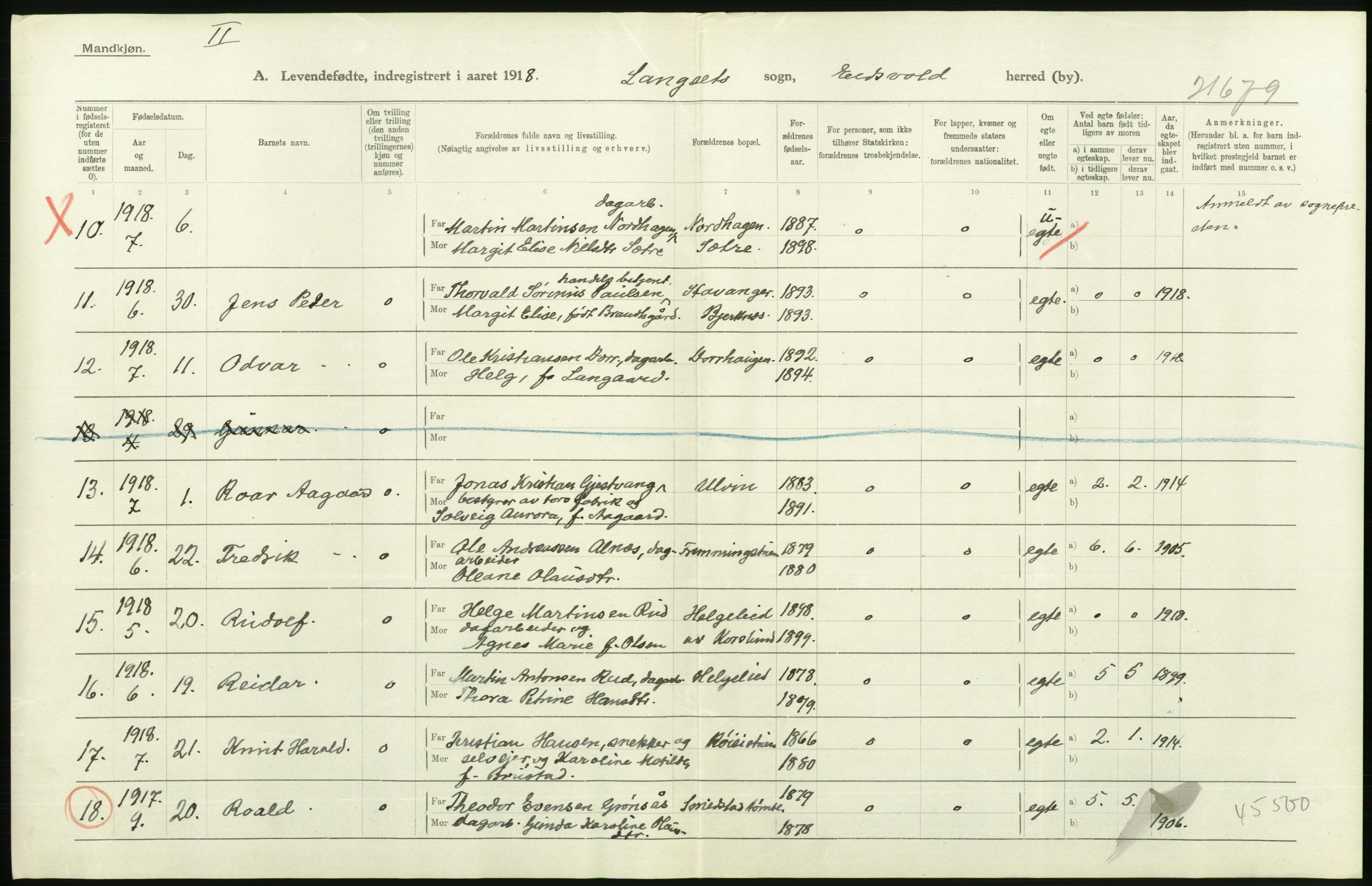 Statistisk sentralbyrå, Sosiodemografiske emner, Befolkning, AV/RA-S-2228/D/Df/Dfb/Dfbh/L0004: Akershus fylke: Levendefødte menn og kvinner. Bygder og byer., 1918, s. 538