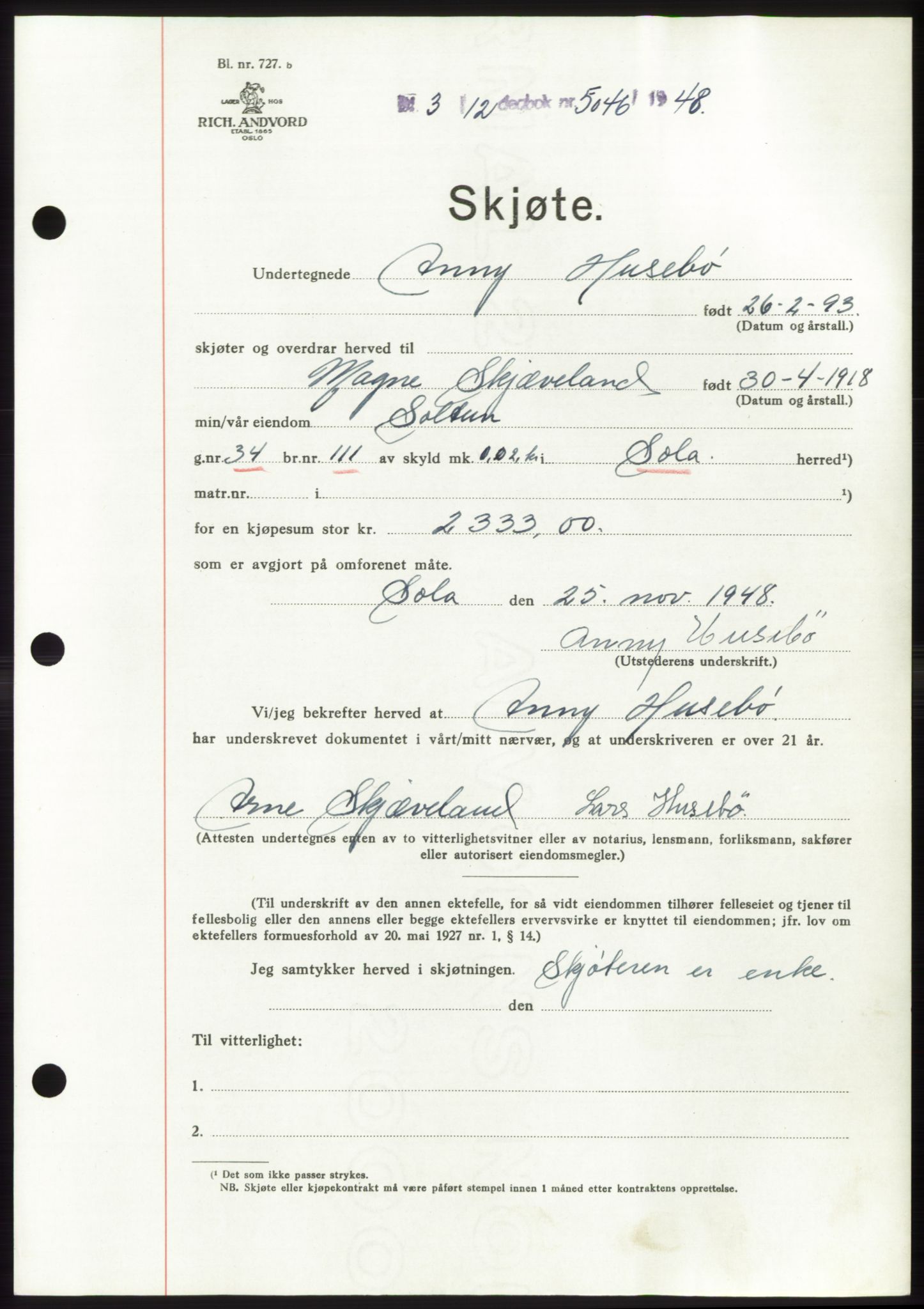 Jæren sorenskriveri, SAST/A-100310/03/G/Gba/L0100: Pantebok, 1948-1948, Dagboknr: 5046/1948