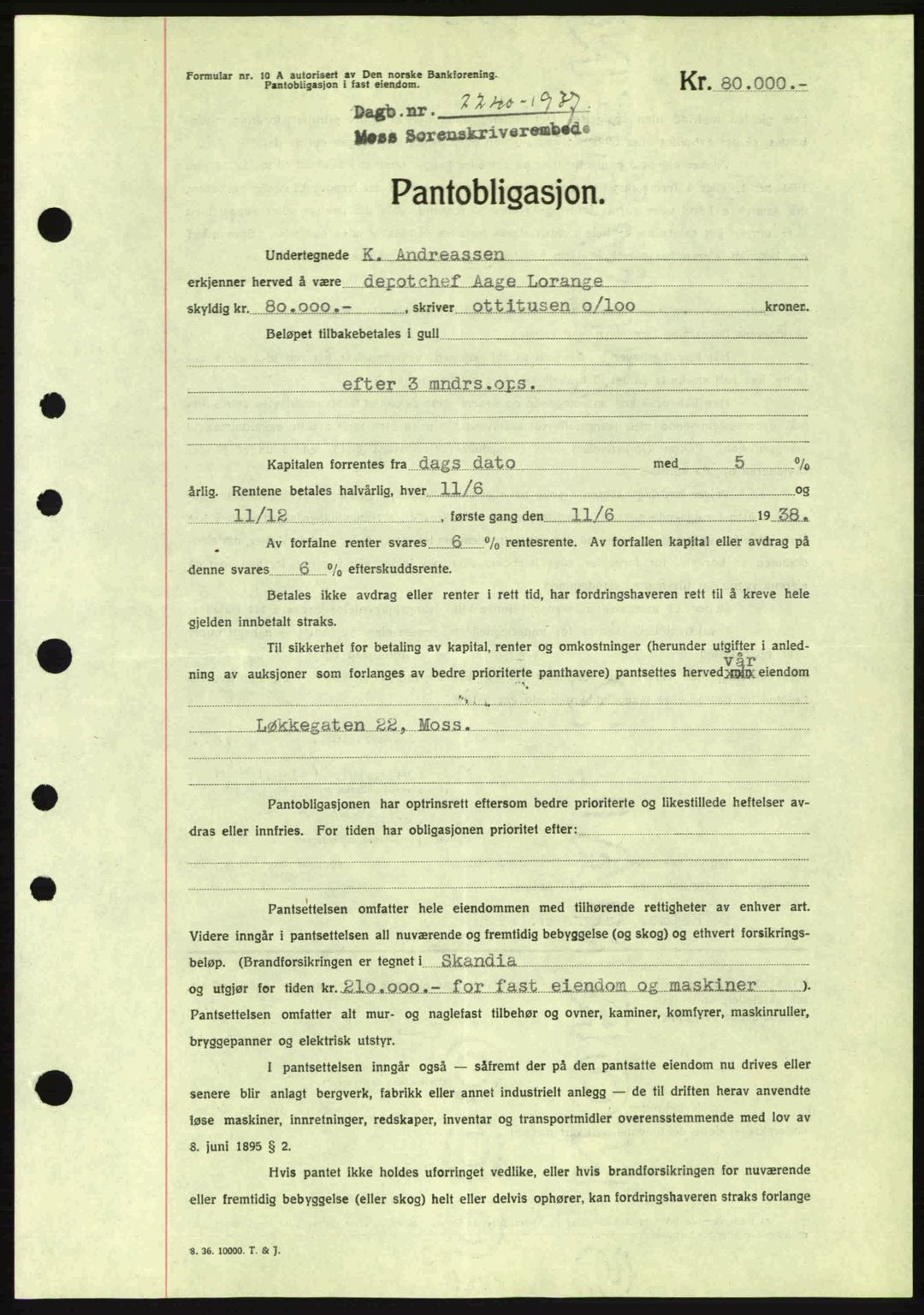 Moss sorenskriveri, SAO/A-10168: Pantebok nr. B4, 1937-1938, Dagboknr: 2240/1937