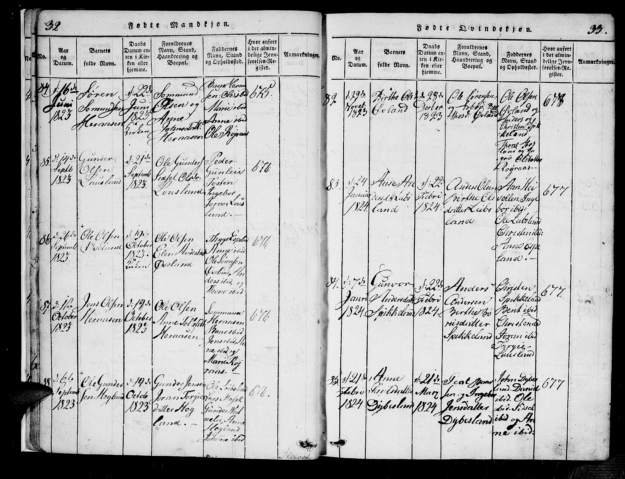 Bjelland sokneprestkontor, SAK/1111-0005/F/Fa/Fab/L0002: Ministerialbok nr. A 2, 1816-1869, s. 32-33