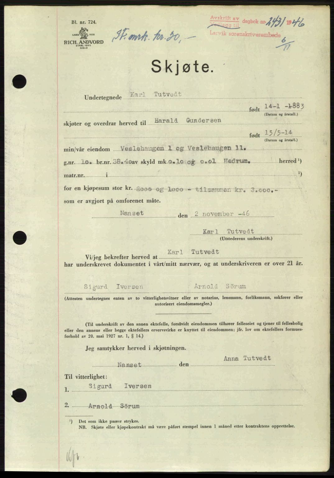 Larvik sorenskriveri, SAKO/A-83/G/Ga/Gab/L0083: Pantebok nr. A-17, 1946-1947, Dagboknr: 2431/1946