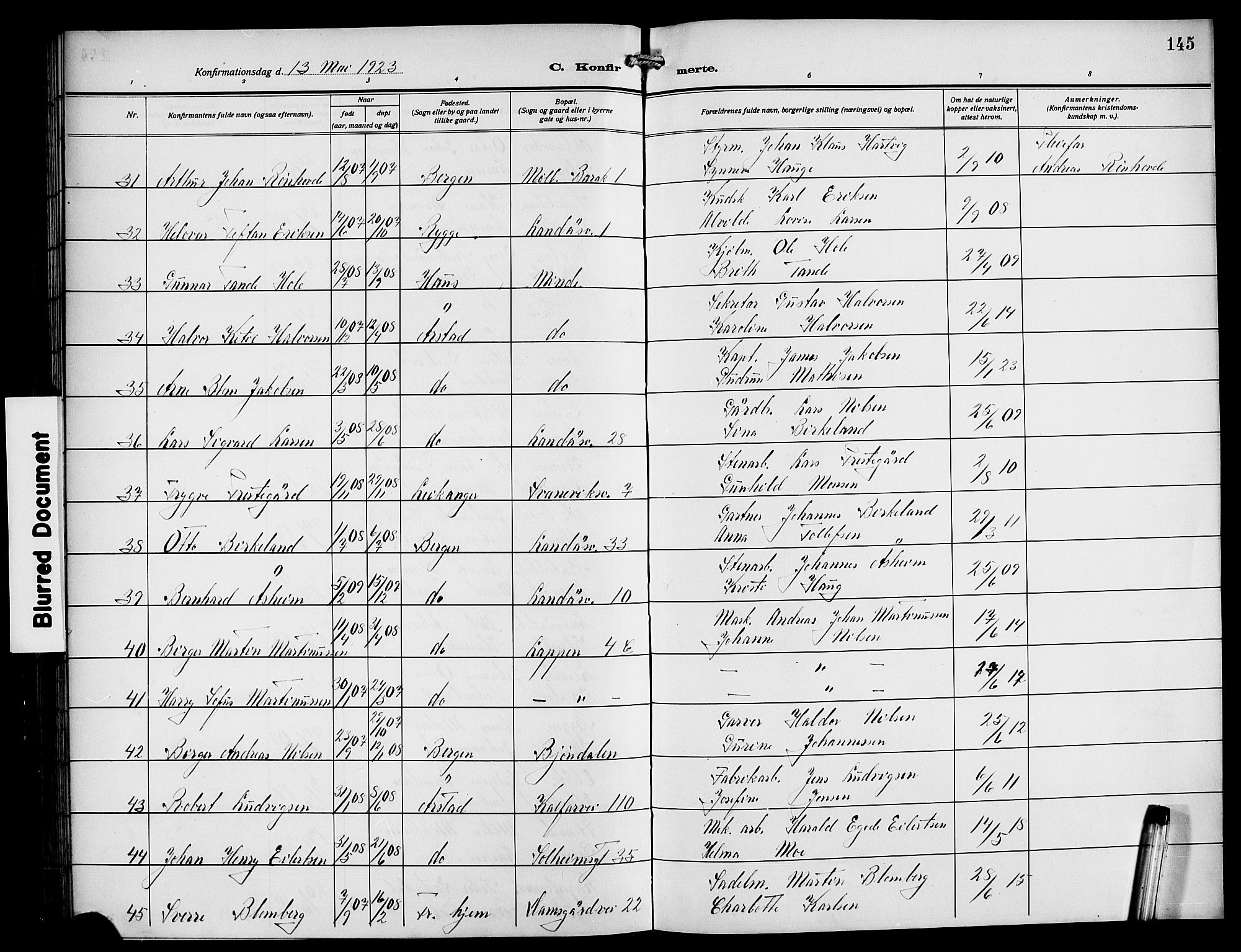 Årstad Sokneprestembete, AV/SAB-A-79301/H/Hab/L0013: Klokkerbok nr. B 3, 1914-1923, s. 145