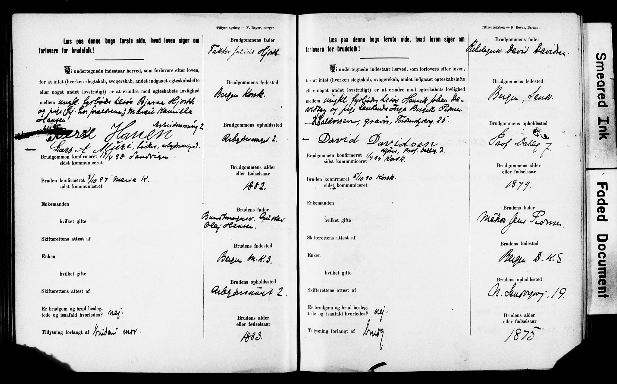 Mariakirken Sokneprestembete, SAB/A-76901: Forlovererklæringer nr. II.5.2, 1901-1909, s. 59