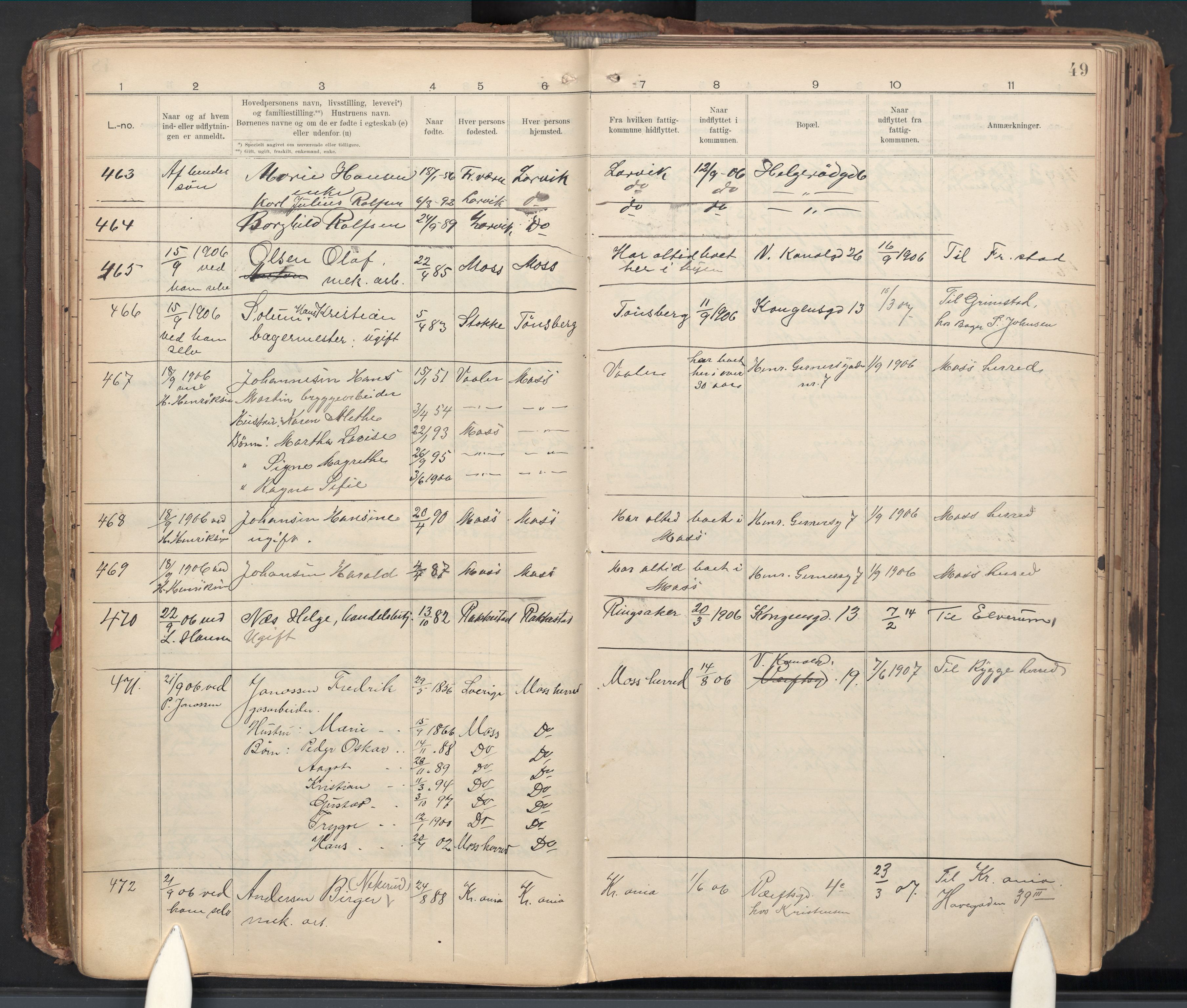 Moss folkeregister, AV/SAO-A-10020/J/L0002: Inn- og utflyttede i Moss fattigkommune, 1905-1913, s. 49