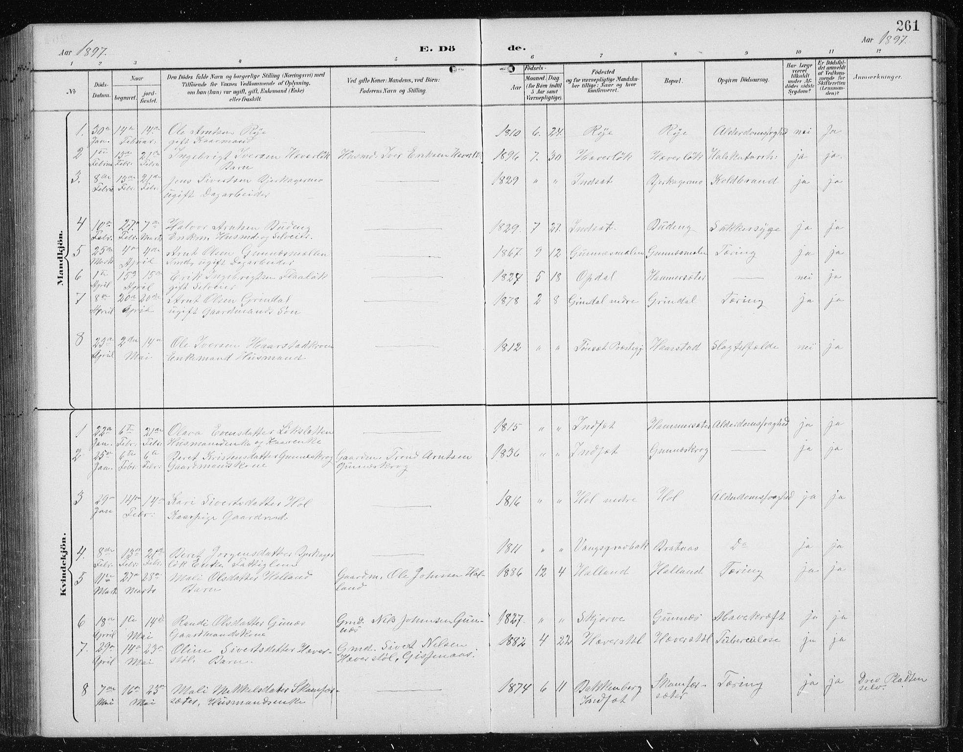 Ministerialprotokoller, klokkerbøker og fødselsregistre - Sør-Trøndelag, SAT/A-1456/674/L0876: Klokkerbok nr. 674C03, 1892-1912, s. 261