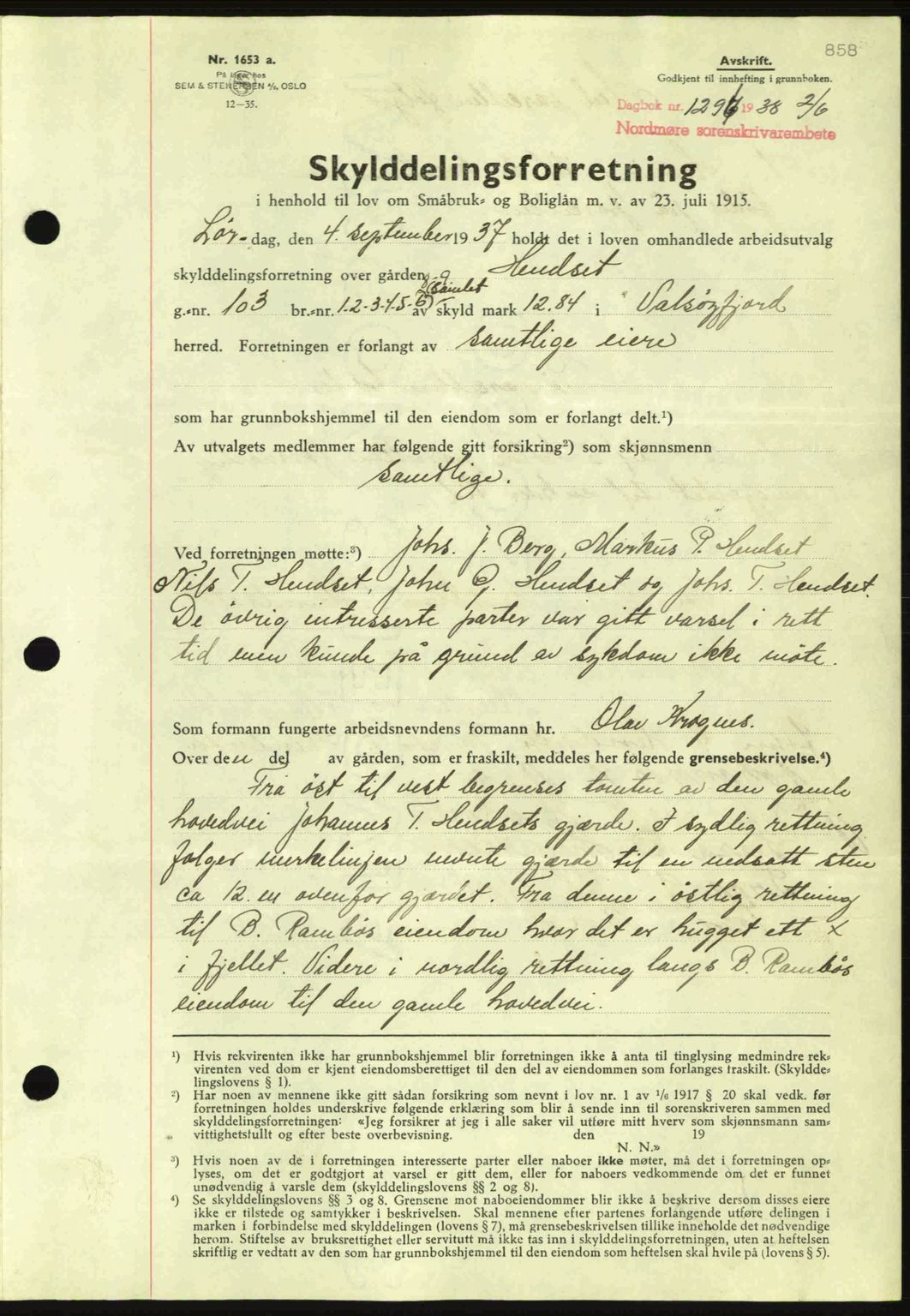 Nordmøre sorenskriveri, AV/SAT-A-4132/1/2/2Ca: Pantebok nr. A83, 1938-1938, Dagboknr: 1296/1938