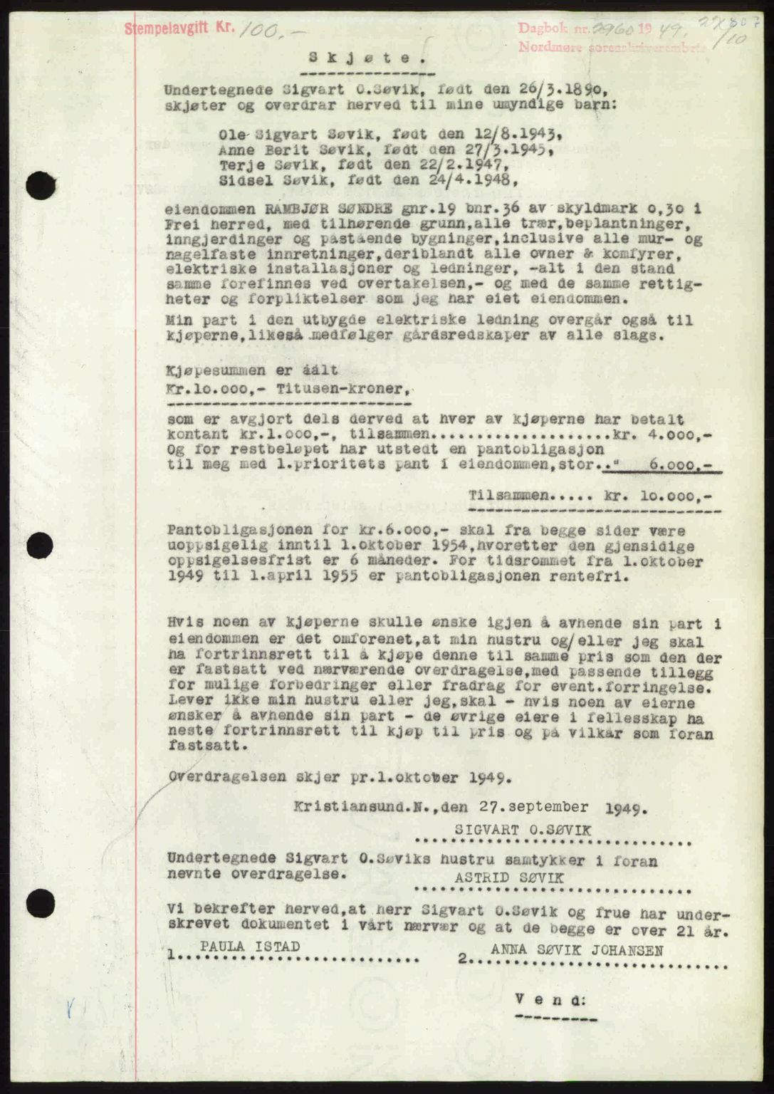 Nordmøre sorenskriveri, SAT/A-4132/1/2/2Ca: Pantebok nr. A112, 1949-1949, Dagboknr: 2960/1949