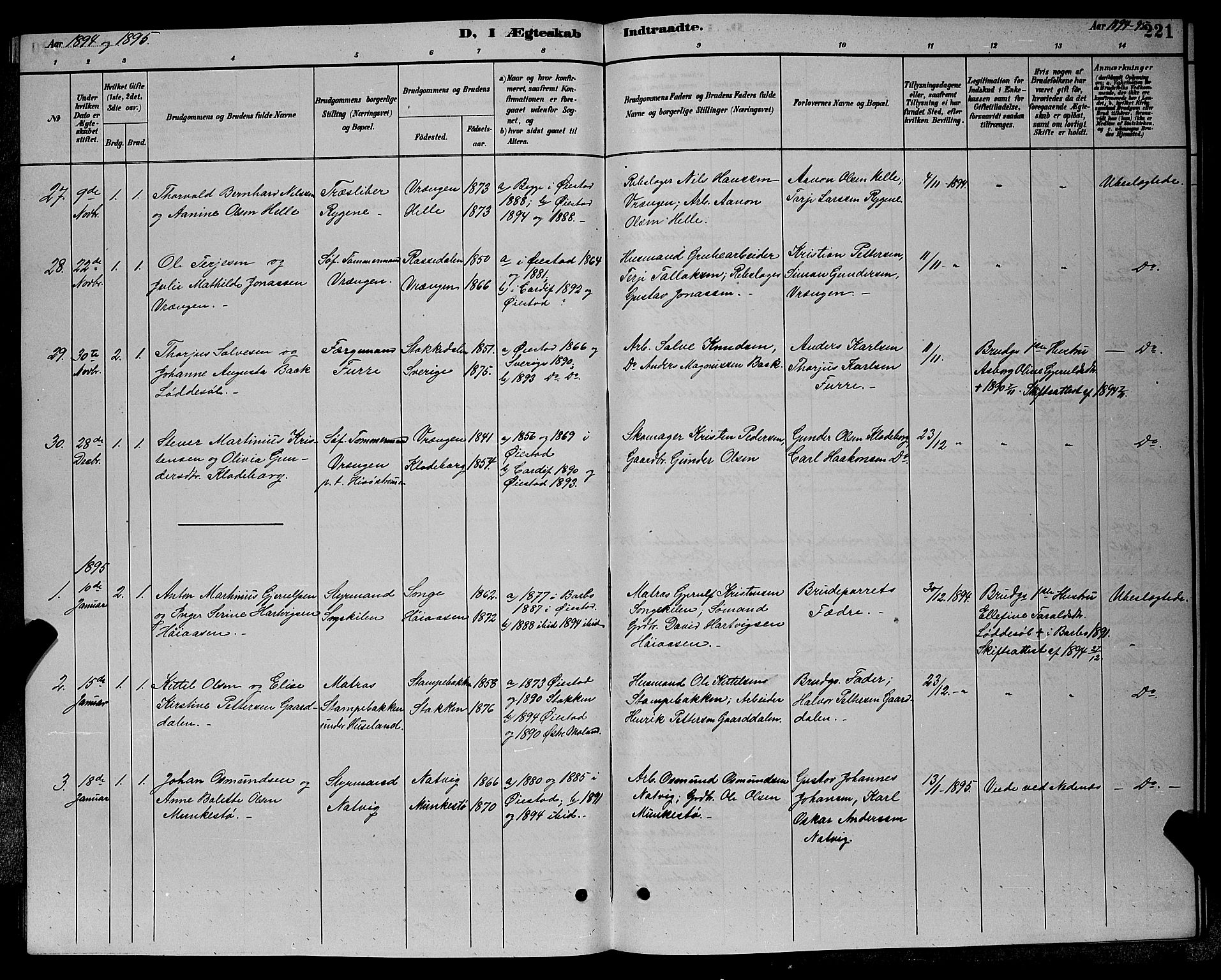 Øyestad sokneprestkontor, SAK/1111-0049/F/Fb/L0009: Klokkerbok nr. B 9, 1886-1896, s. 221