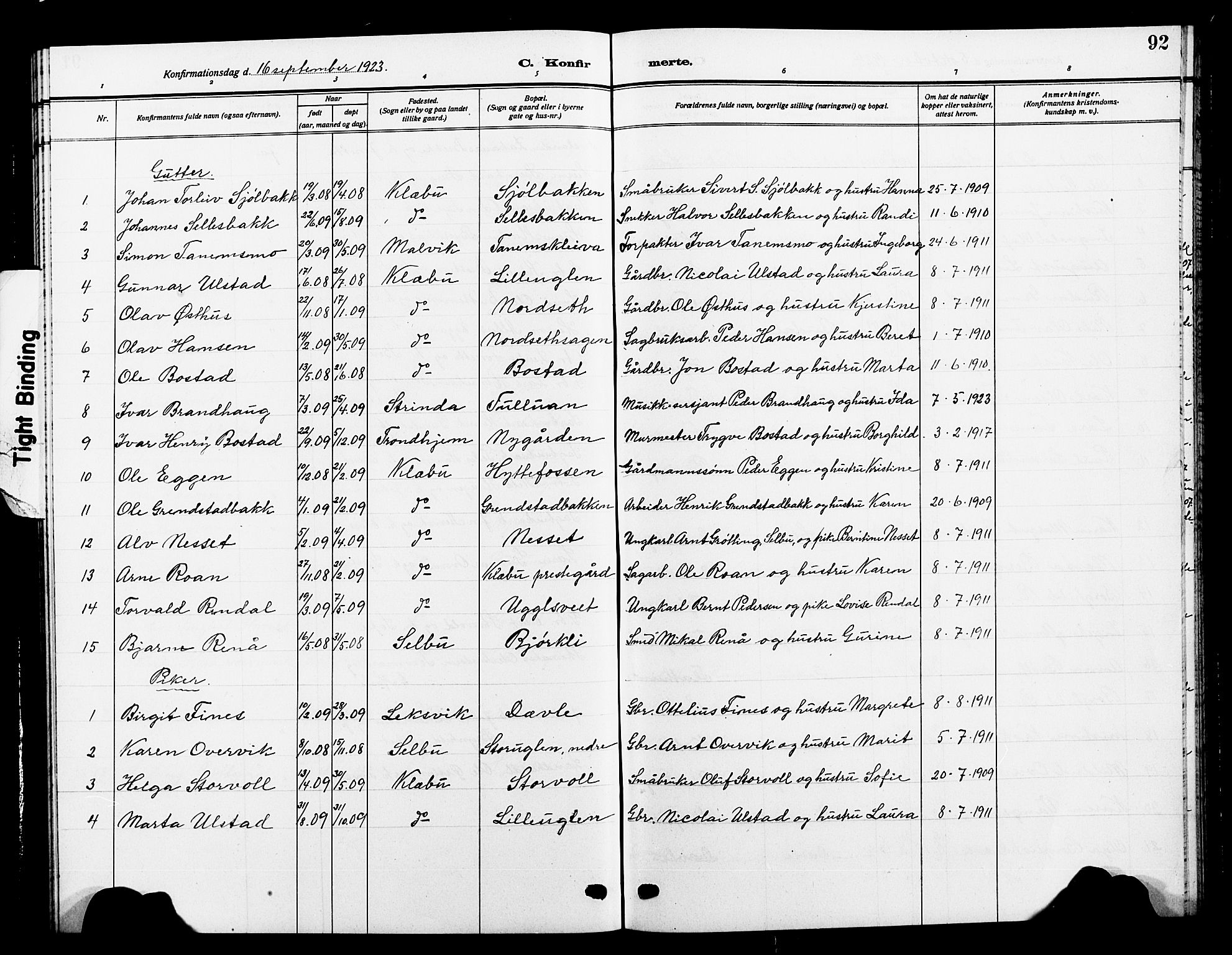 Ministerialprotokoller, klokkerbøker og fødselsregistre - Sør-Trøndelag, AV/SAT-A-1456/618/L0453: Klokkerbok nr. 618C04, 1907-1925, s. 92