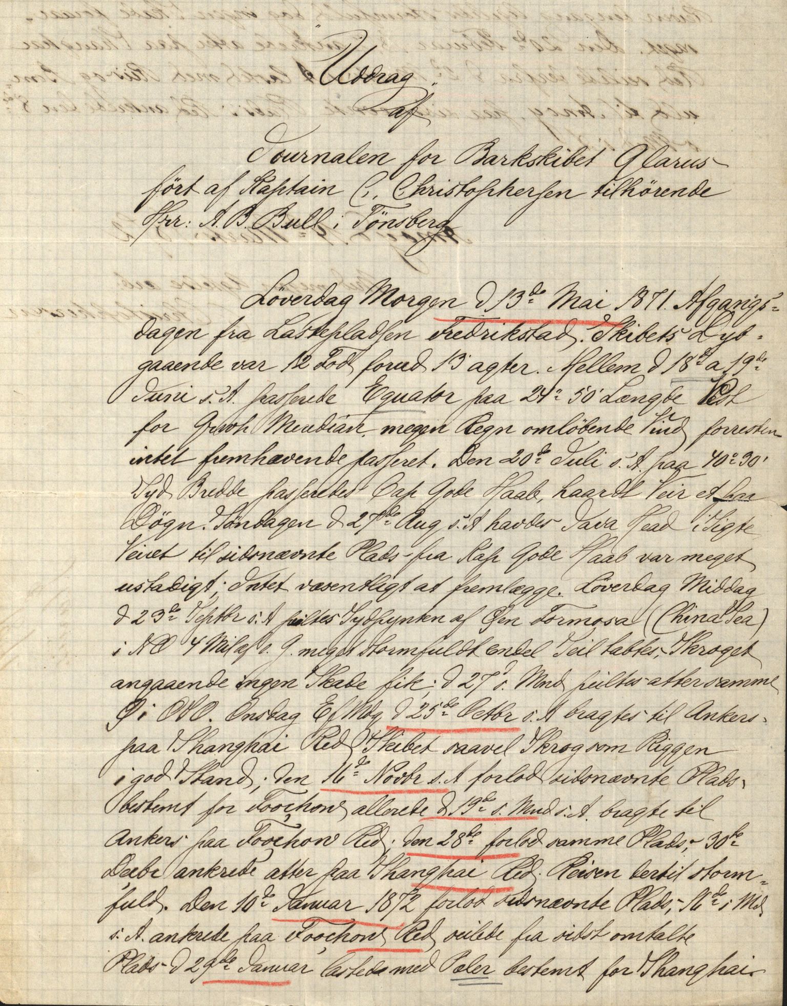 Pa 63 - Østlandske skibsassuranceforening, VEMU/A-1079/G/Ga/L0011/0041: Havaridokumenter / Glarus, 1879