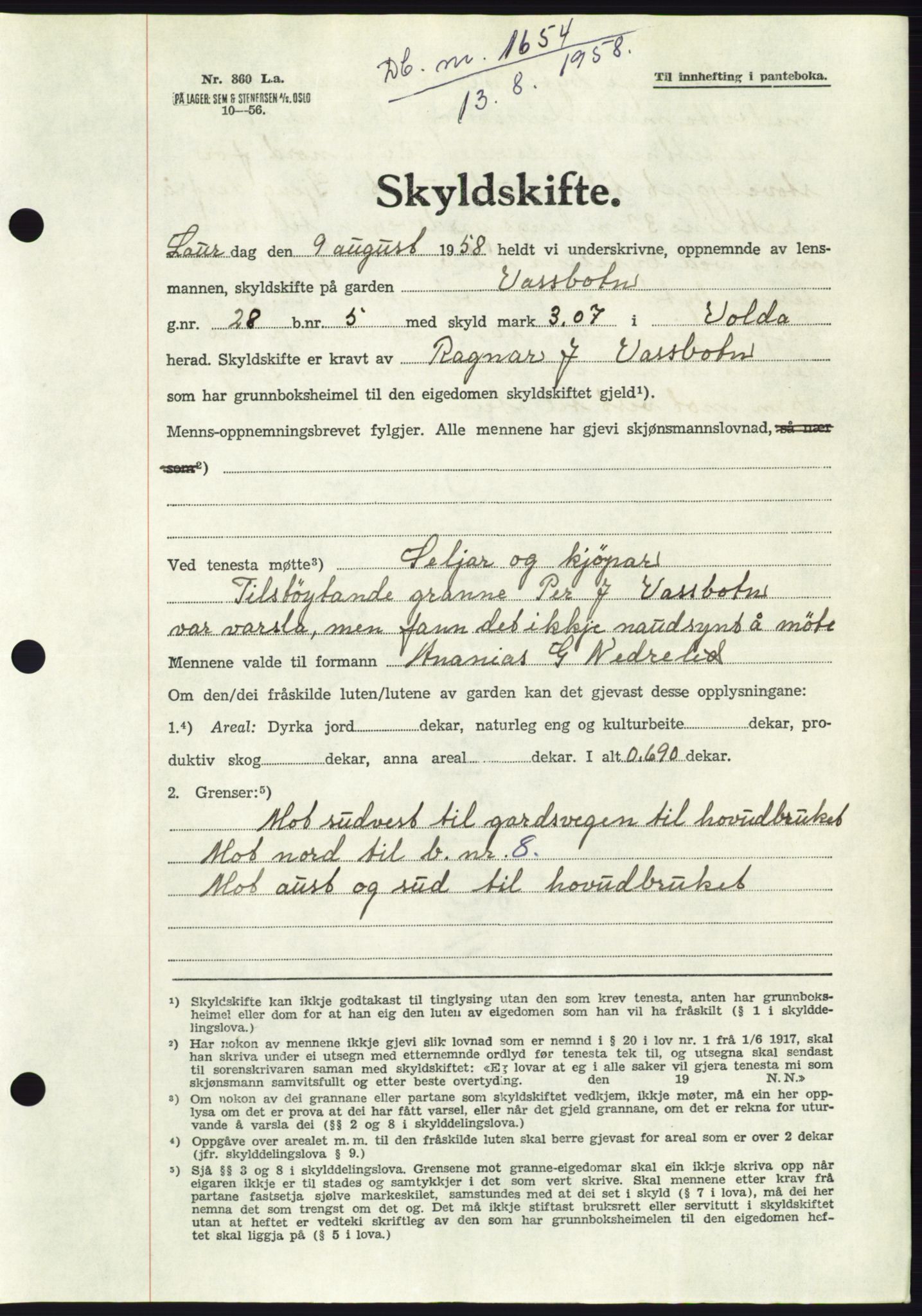 Søre Sunnmøre sorenskriveri, AV/SAT-A-4122/1/2/2C/L0110: Pantebok nr. 36A, 1958-1958, Dagboknr: 1654/1958