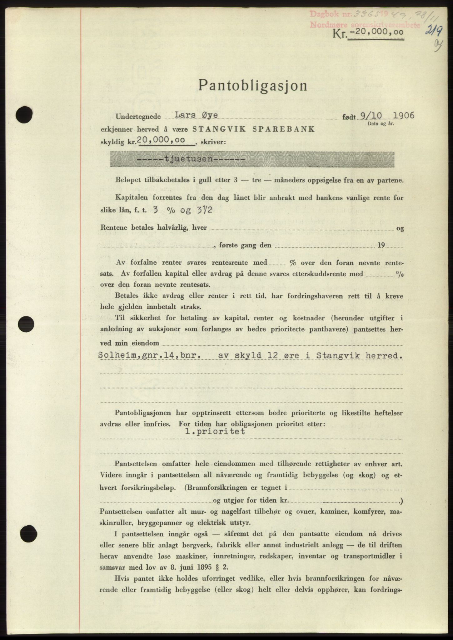 Nordmøre sorenskriveri, AV/SAT-A-4132/1/2/2Ca: Pantebok nr. B103, 1949-1950, Dagboknr: 3365/1949