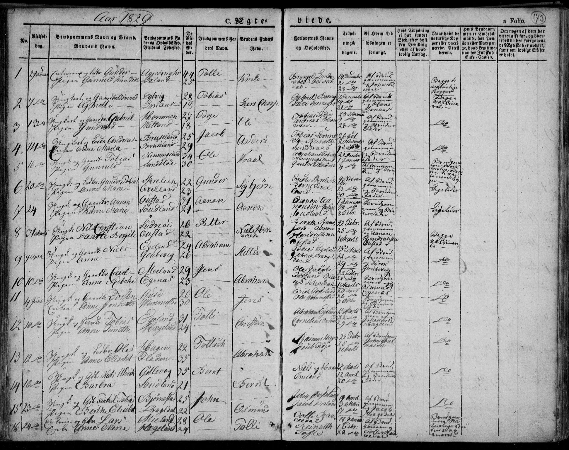 Lyngdal sokneprestkontor, AV/SAK-1111-0029/F/Fa/Fac/L0007: Ministerialbok nr. A 7, 1825-1838, s. 173