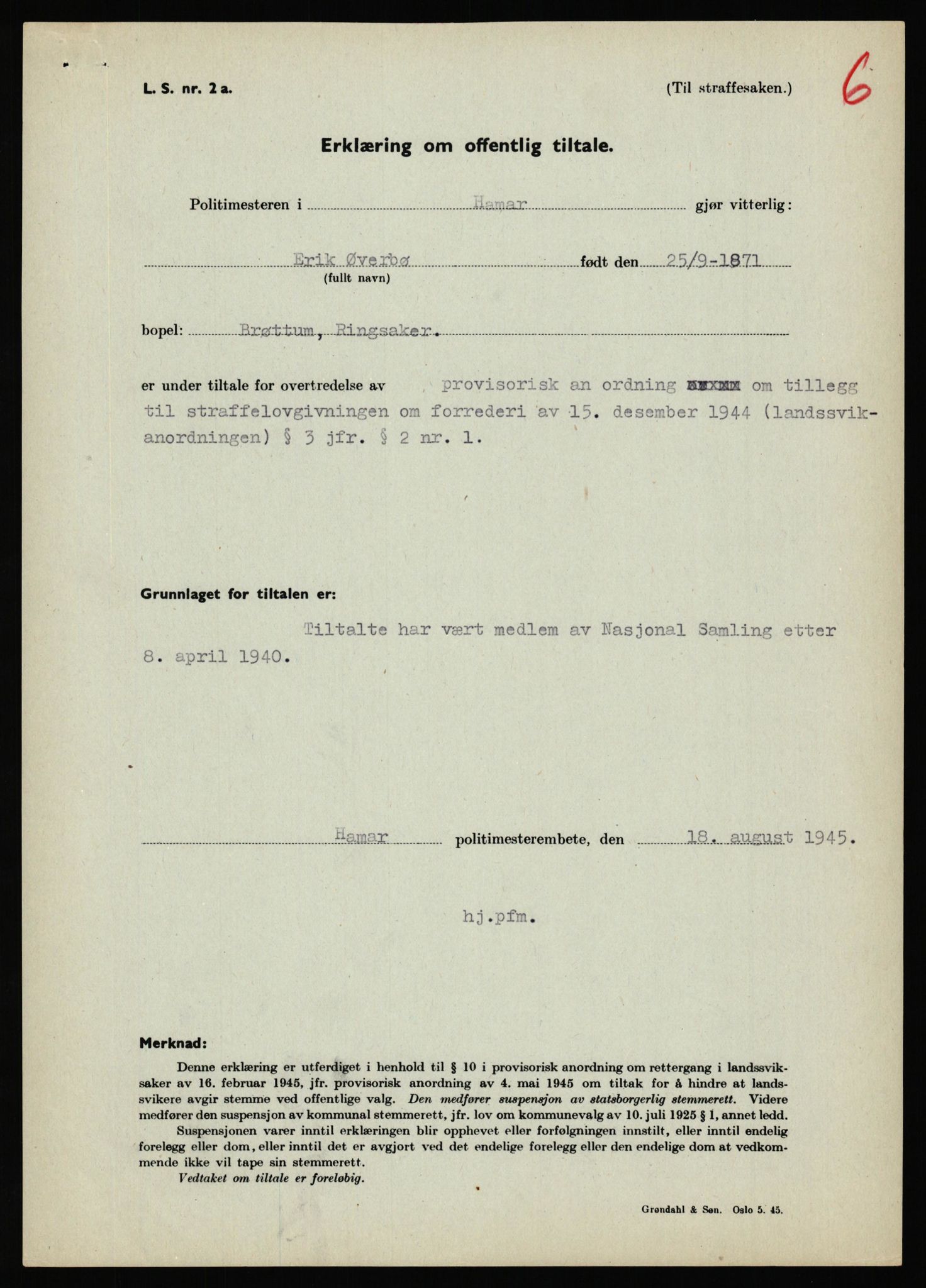 Landssvikarkivet, Hamar politikammer, AV/RA-S-3138-09/D/Dd, 1945-1946, s. 9