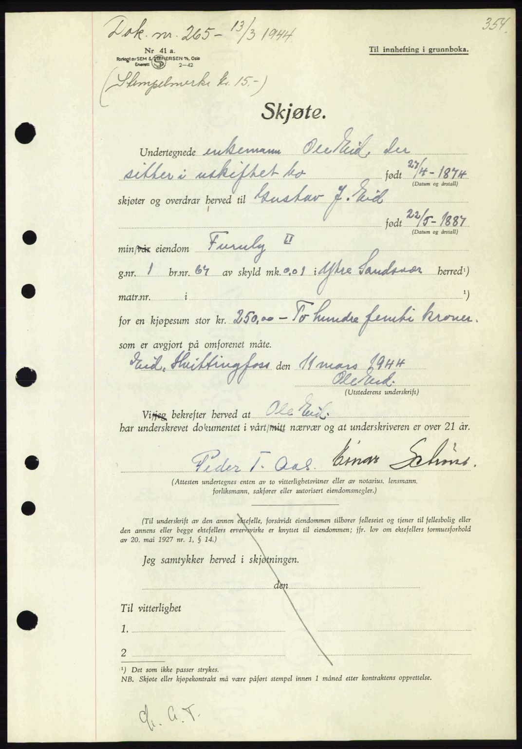 Numedal og Sandsvær sorenskriveri, SAKO/A-128/G/Ga/Gaa/L0055: Pantebok nr. A7, 1943-1944, Dagboknr: 265/1944