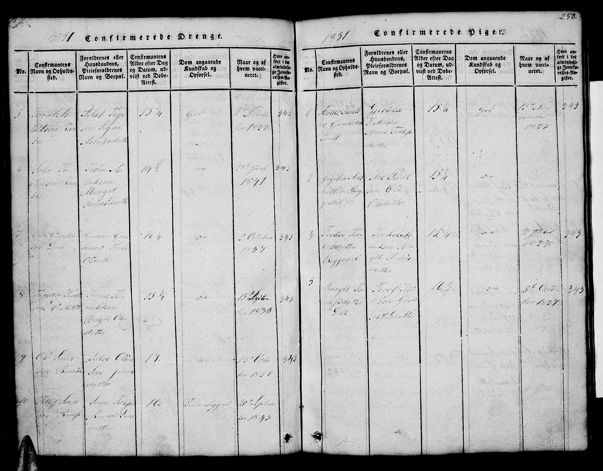 Åmli sokneprestkontor, SAK/1111-0050/F/Fb/Fbb/L0001: Klokkerbok nr. B 1, 1816-1889, s. 250