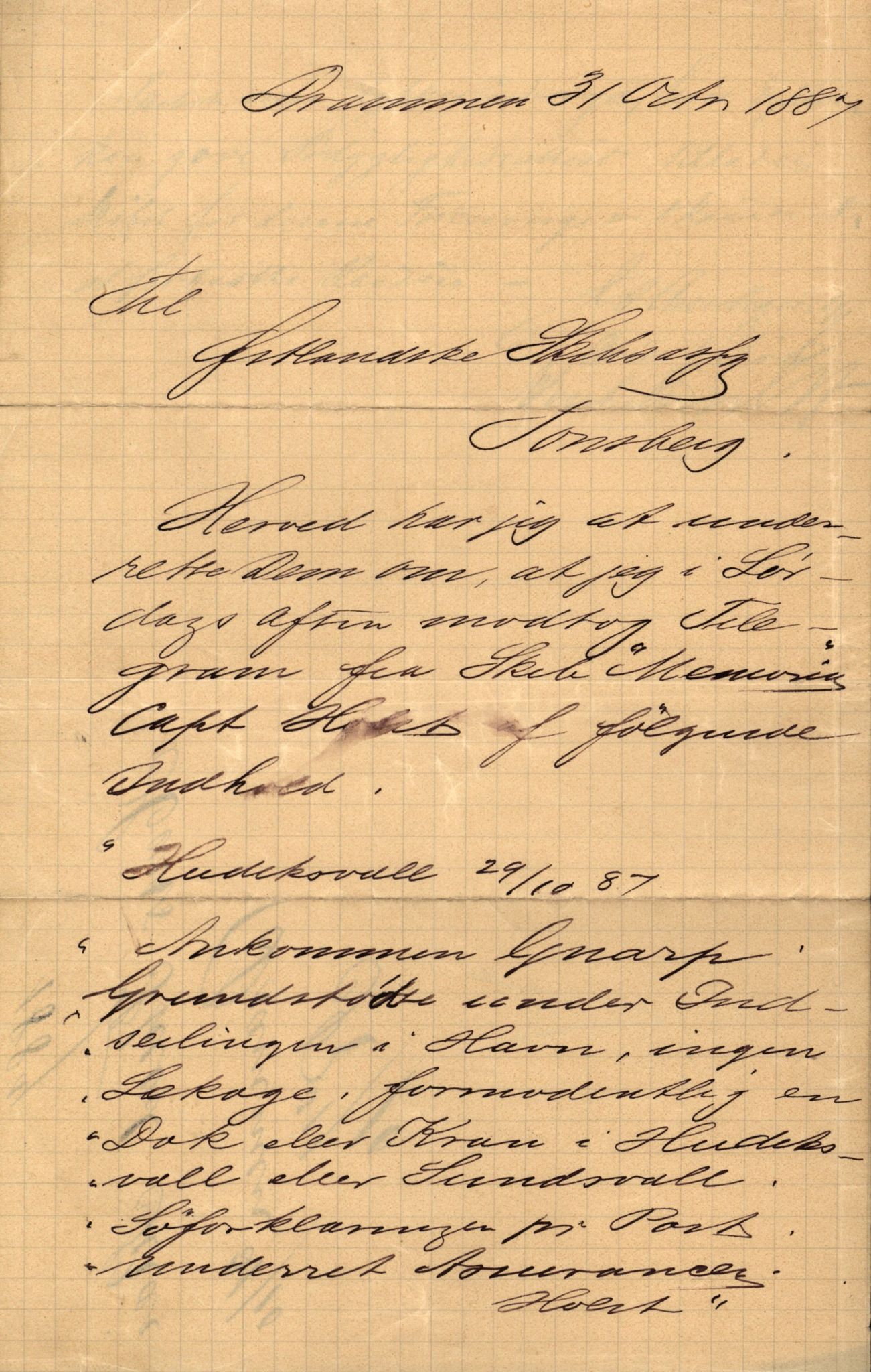 Pa 63 - Østlandske skibsassuranceforening, VEMU/A-1079/G/Ga/L0020/0010: Havaridokumenter / Anna, Silome, Oscarsborg, Memoria, Telegraf, 1887, s. 22