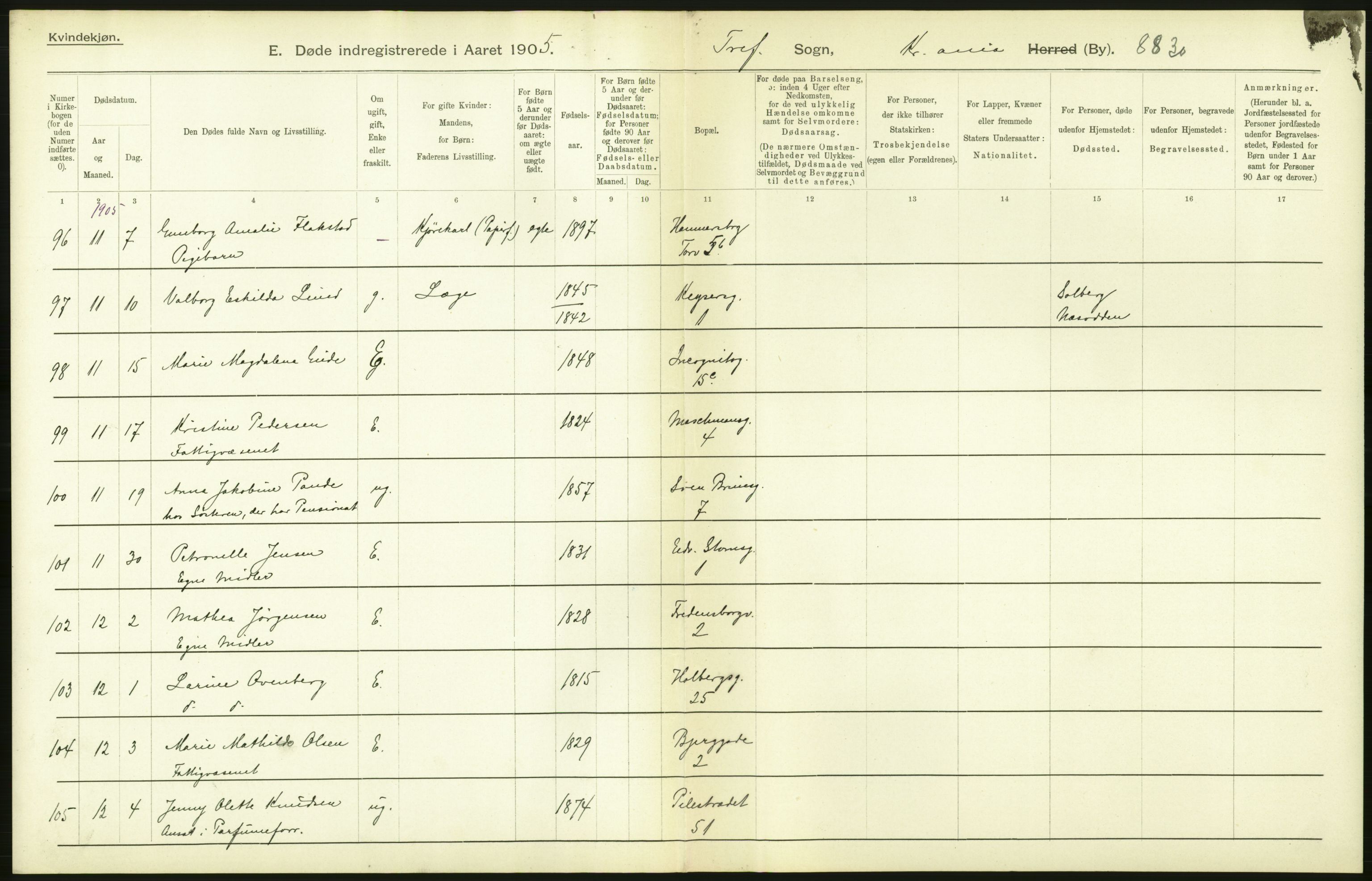 Statistisk sentralbyrå, Sosiodemografiske emner, Befolkning, AV/RA-S-2228/D/Df/Dfa/Dfac/L0007a: Kristiania: Døde, dødfødte., 1905, s. 474