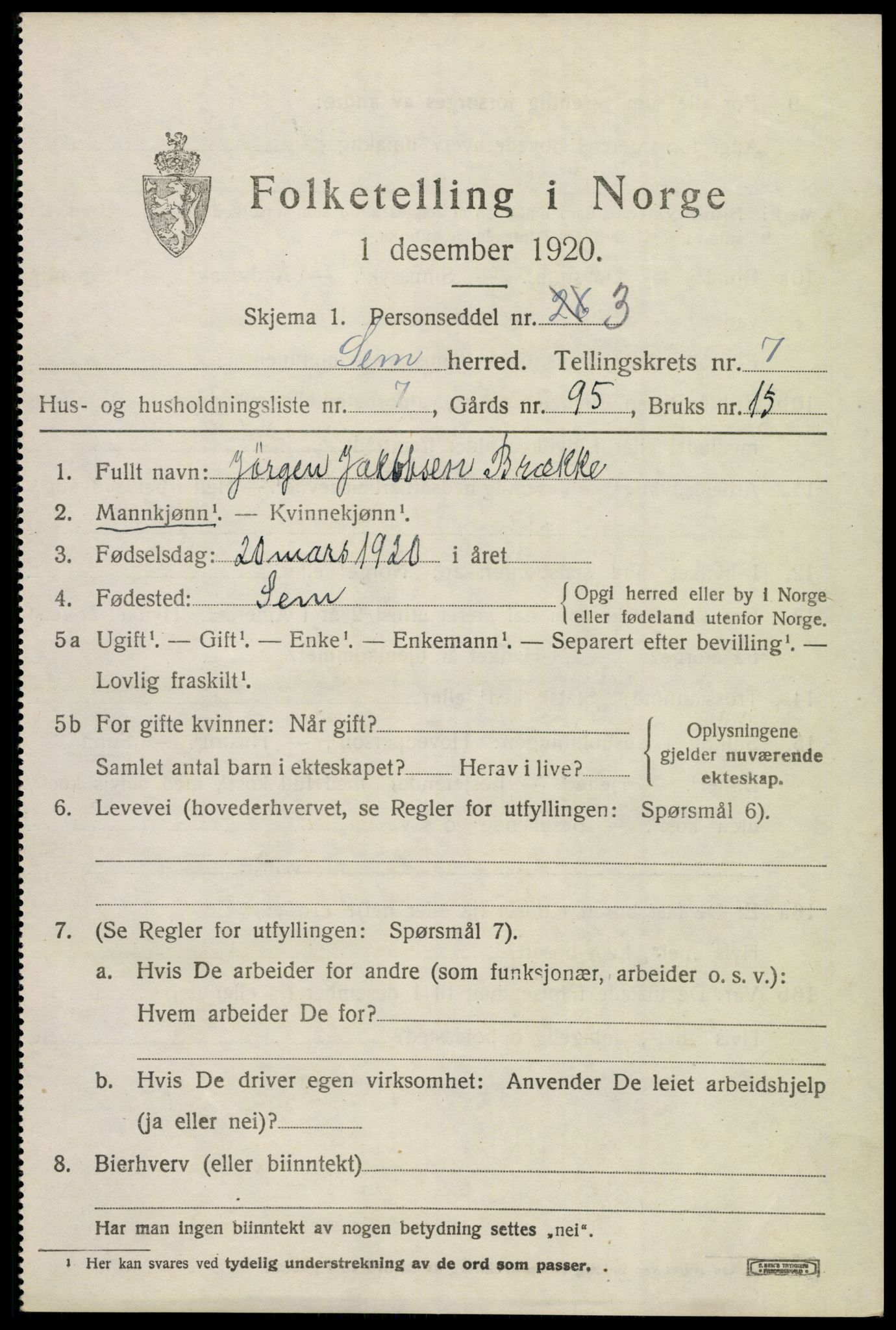 SAKO, Folketelling 1920 for 0721 Sem herred, 1920, s. 10393
