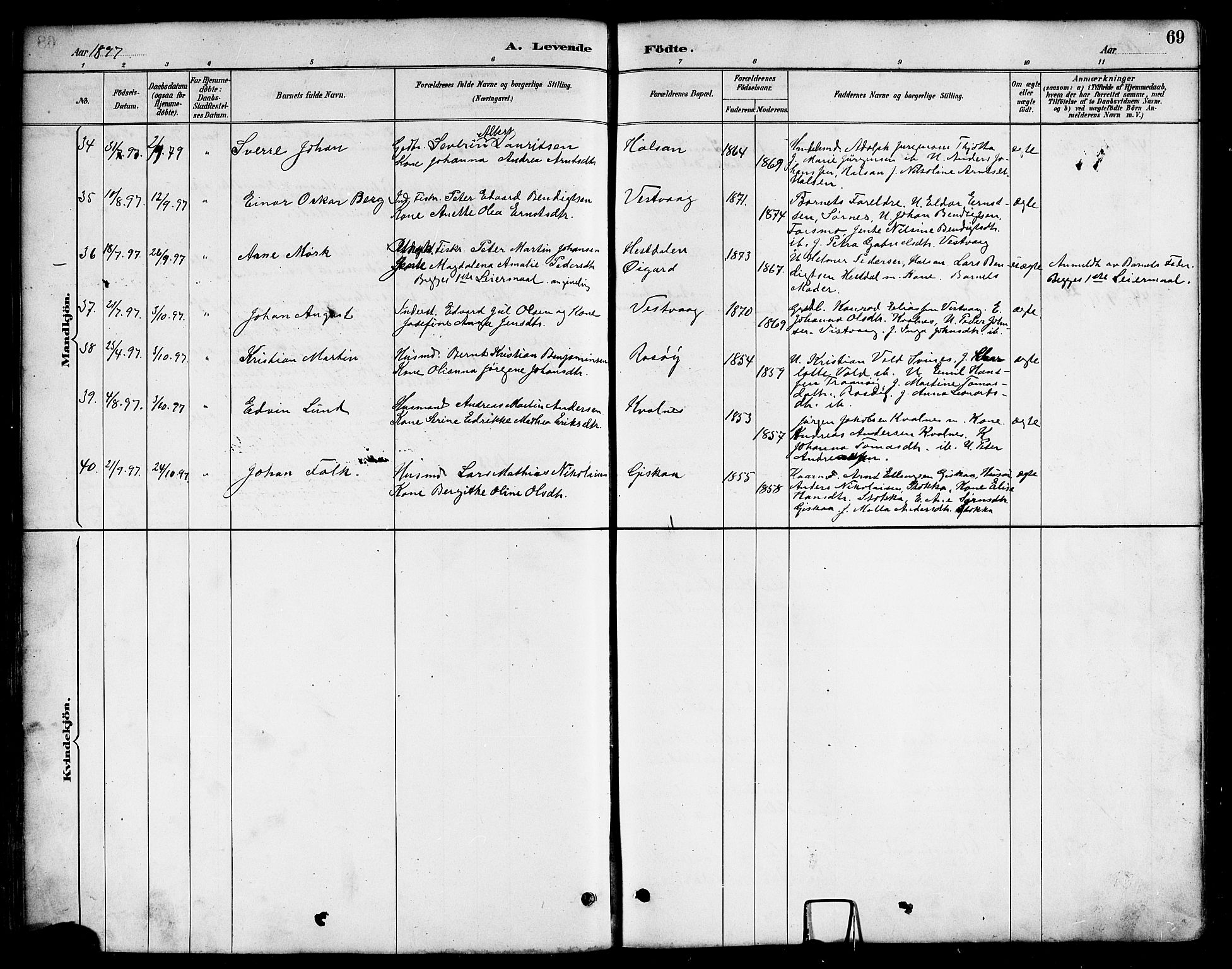 Ministerialprotokoller, klokkerbøker og fødselsregistre - Nordland, AV/SAT-A-1459/817/L0268: Klokkerbok nr. 817C03, 1884-1920, s. 69