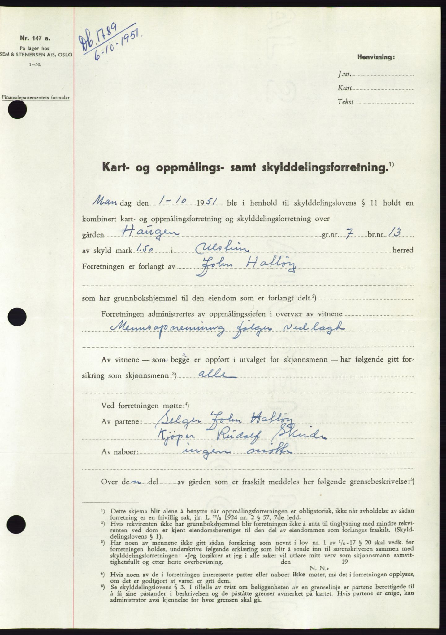 Søre Sunnmøre sorenskriveri, AV/SAT-A-4122/1/2/2C/L0090: Pantebok nr. 16A, 1951-1951, Dagboknr: 1789/1951