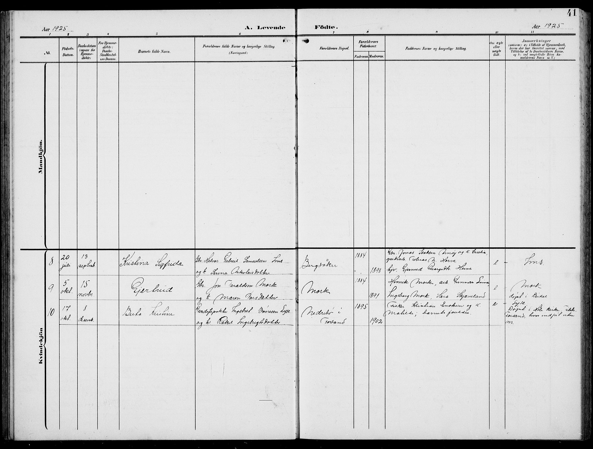 Høgsfjord sokneprestkontor, AV/SAST-A-101624/H/Ha/Hab/L0004: Klokkerbok nr. B 4, 1906-1938, s. 41