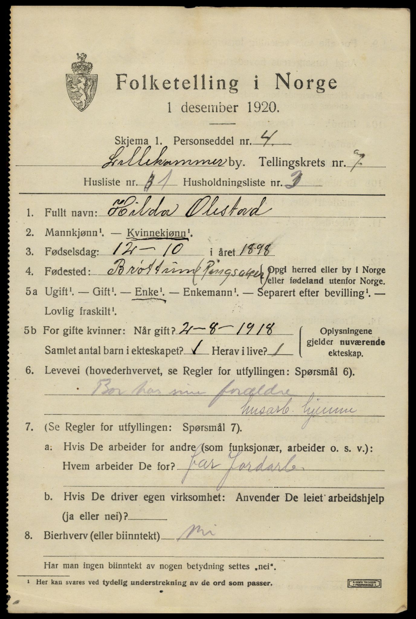 SAH, Folketelling 1920 for 0501 Lillehammer kjøpstad, 1920, s. 9432