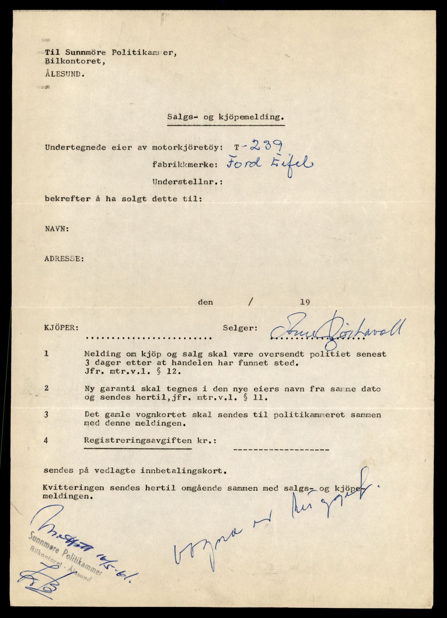 Møre og Romsdal vegkontor - Ålesund trafikkstasjon, AV/SAT-A-4099/F/Fe/L0003: Registreringskort for kjøretøy T 232 - T 340, 1927-1998, s. 183