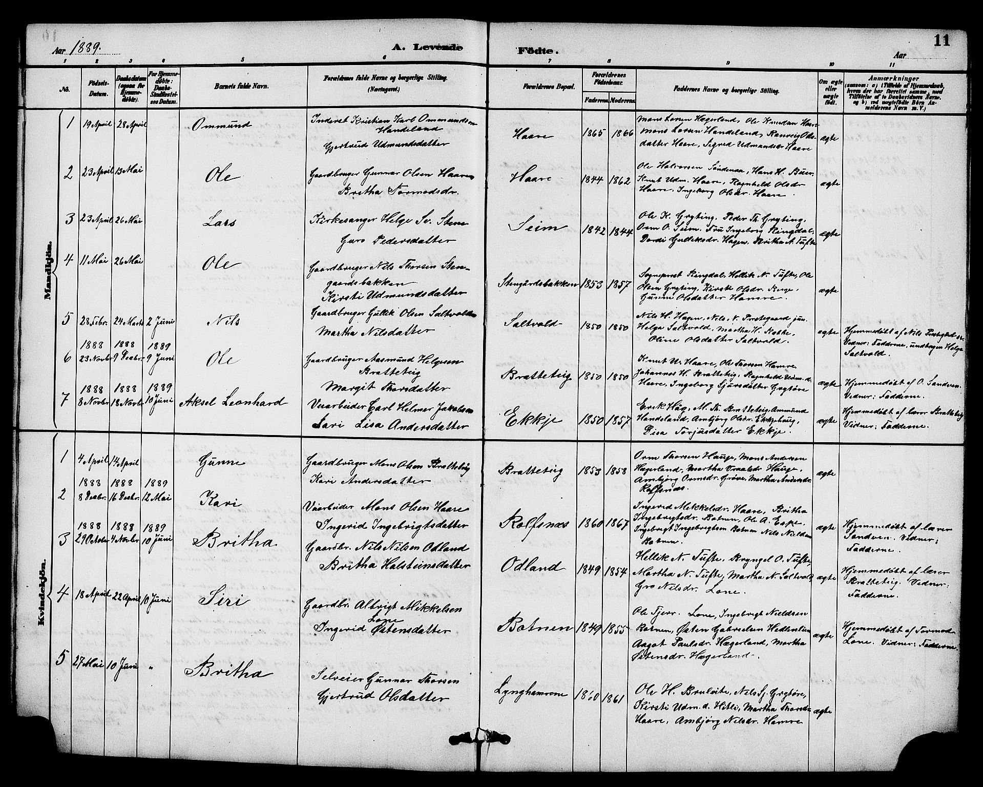 Røldal sokneprestembete, AV/SAB-A-100247: Klokkerbok nr. A 3, 1887-1917, s. 11