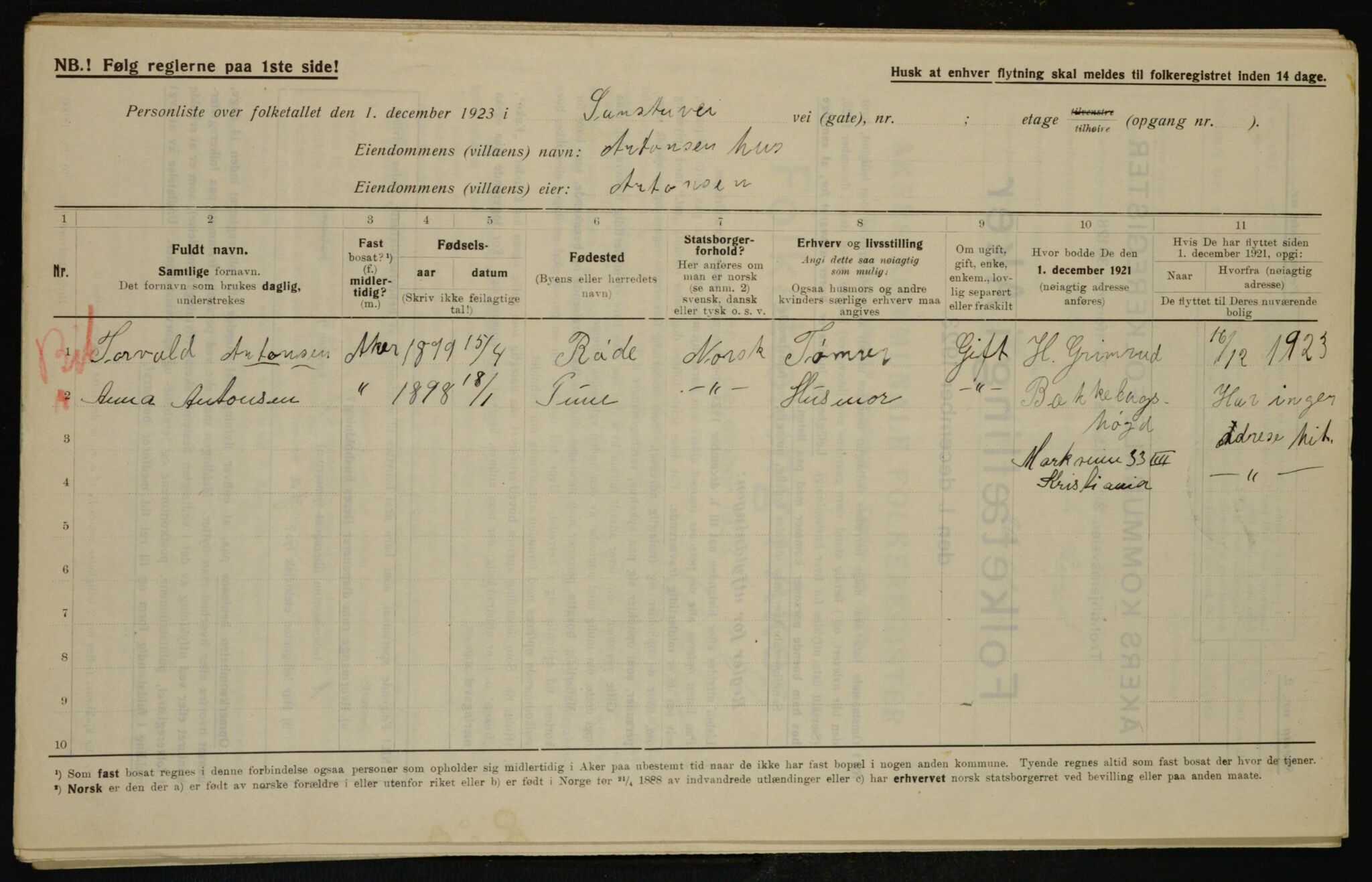 , Kommunal folketelling 1.12.1923 for Aker, 1923, s. 44853