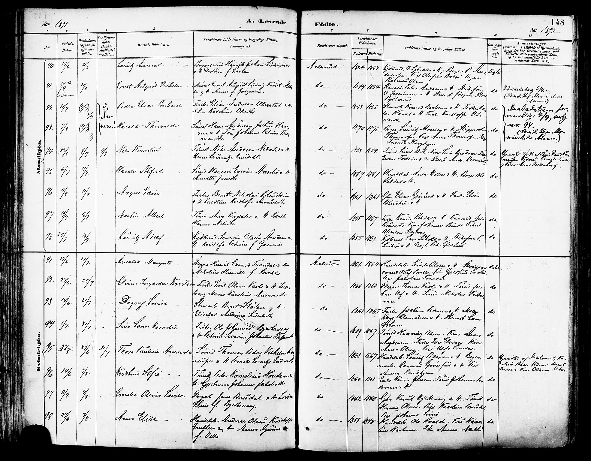 Ministerialprotokoller, klokkerbøker og fødselsregistre - Møre og Romsdal, AV/SAT-A-1454/529/L0455: Ministerialbok nr. 529A05, 1885-1893, s. 148