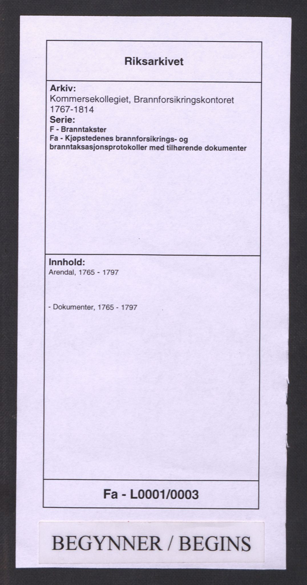 Kommersekollegiet, Brannforsikringskontoret 1767-1814, AV/RA-EA-5458/F/Fa/L0001/0003: Arendal / Dokumenter, 1765-1797