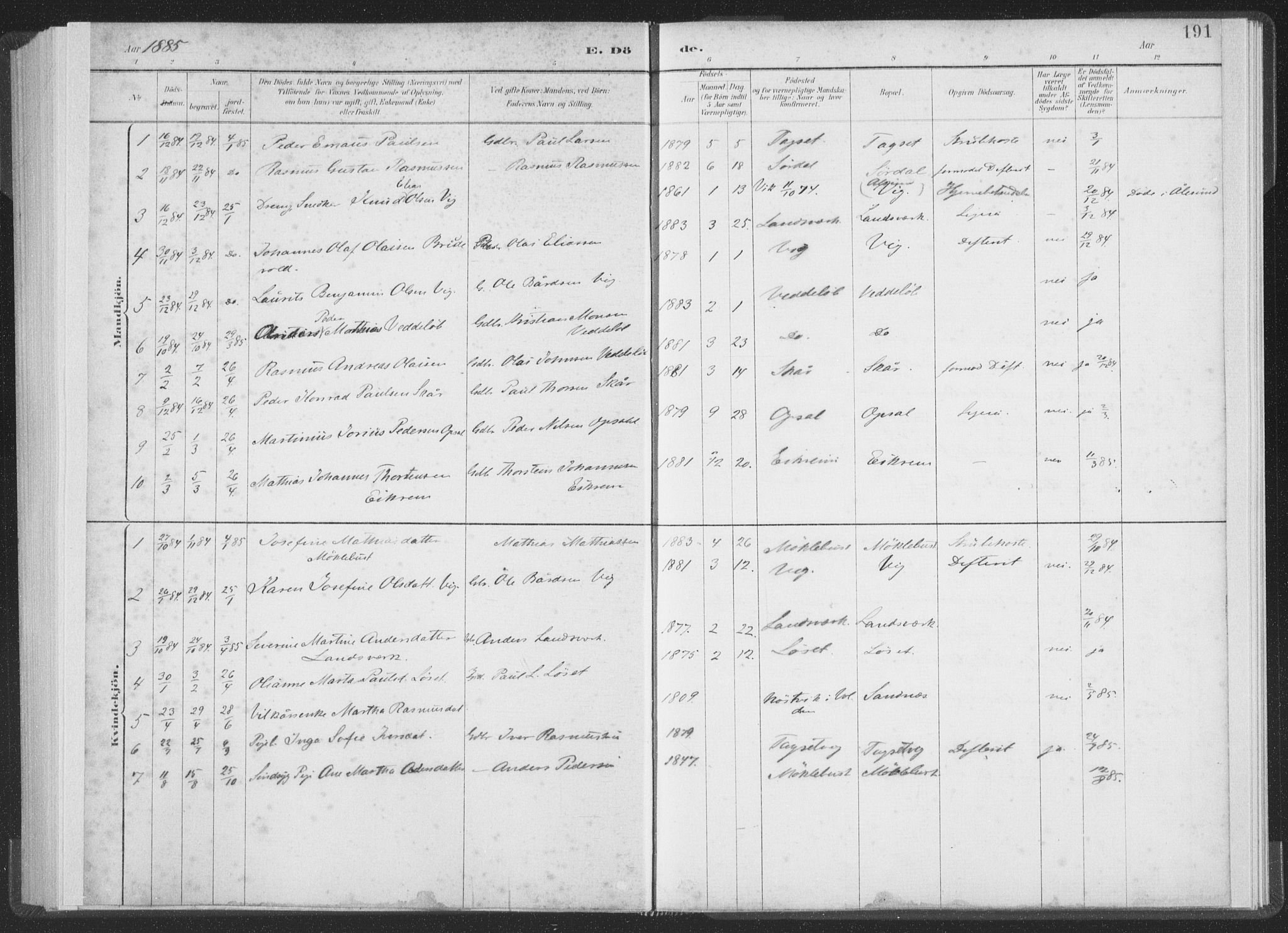 Ministerialprotokoller, klokkerbøker og fødselsregistre - Møre og Romsdal, SAT/A-1454/502/L0025: Ministerialbok nr. 502A03, 1885-1909, s. 191