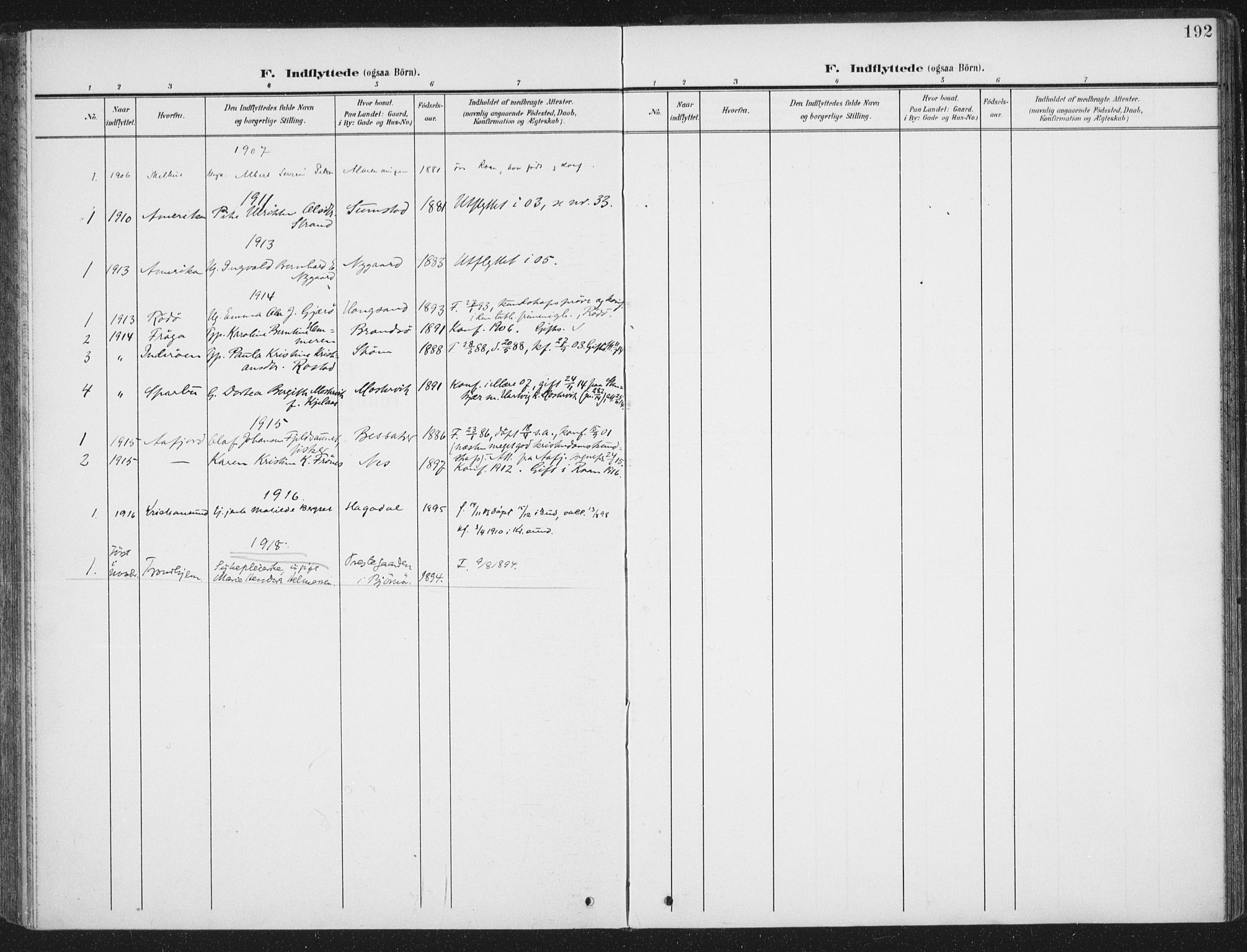 Ministerialprotokoller, klokkerbøker og fødselsregistre - Sør-Trøndelag, SAT/A-1456/657/L0709: Ministerialbok nr. 657A10, 1905-1919, s. 192