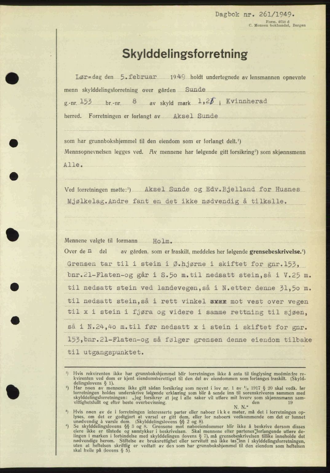 Sunnhordland sorenskrivar, AV/SAB-A-2401: Pantebok nr. A88, 1948-1949, Dagboknr: 261/1949