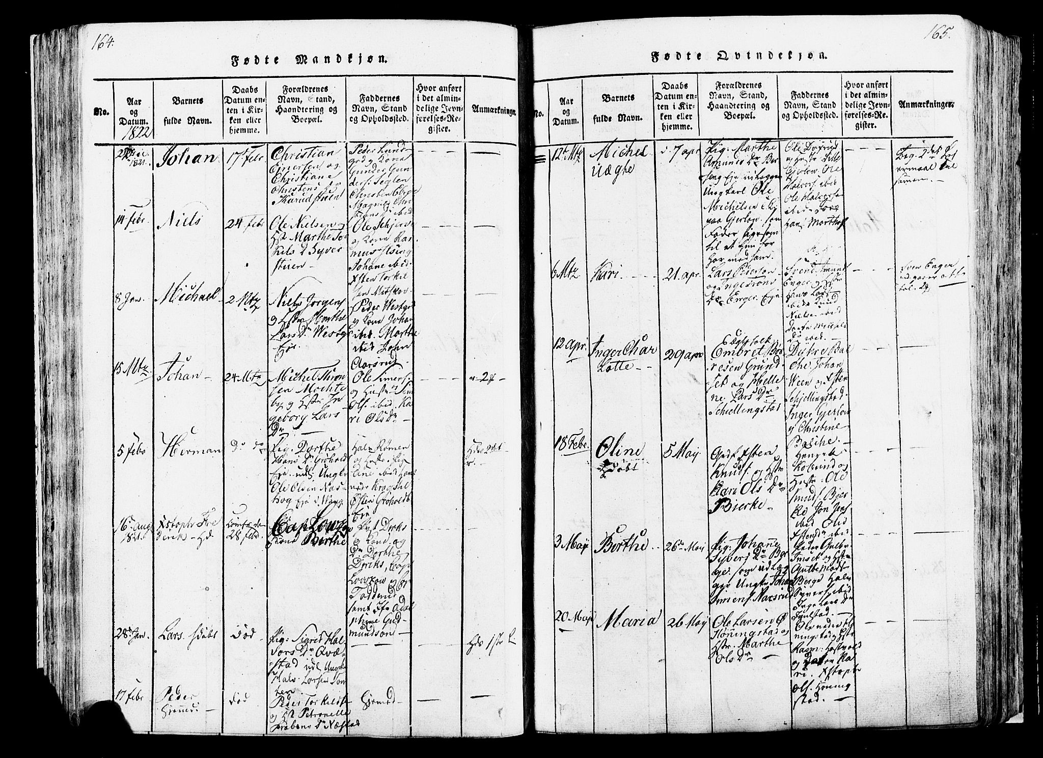 Løten prestekontor, AV/SAH-PREST-022/K/Ka/L0005: Ministerialbok nr. 5, 1814-1832, s. 164-165