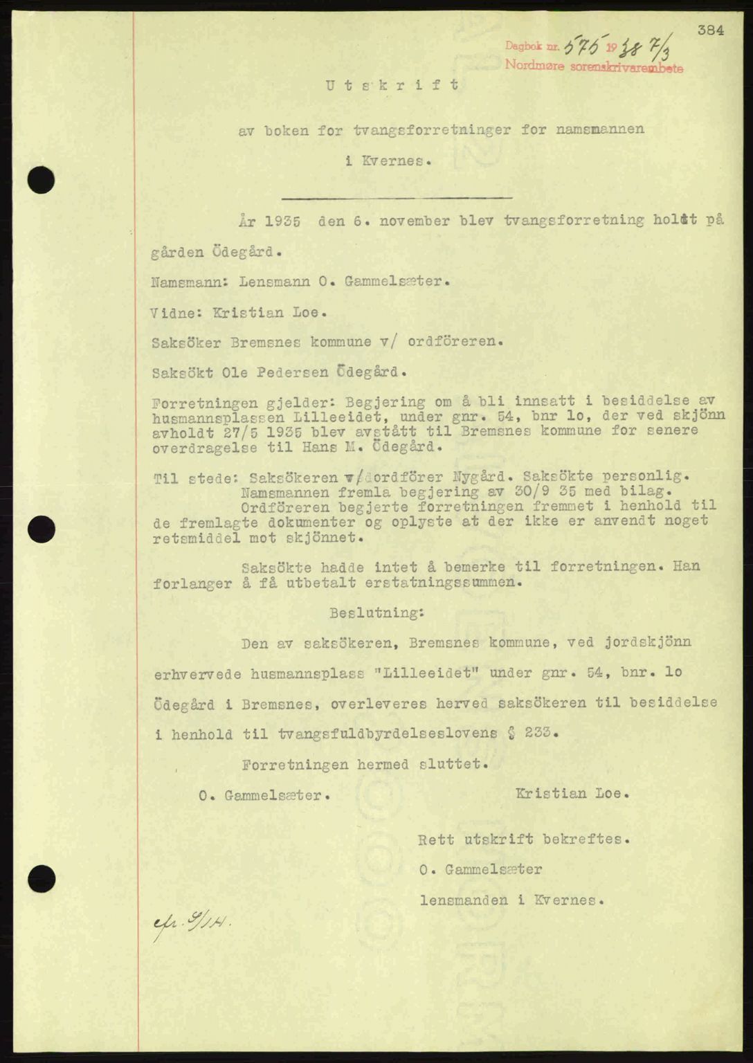 Nordmøre sorenskriveri, SAT/A-4132/1/2/2Ca: Pantebok nr. A83, 1938-1938, Dagboknr: 575/1938