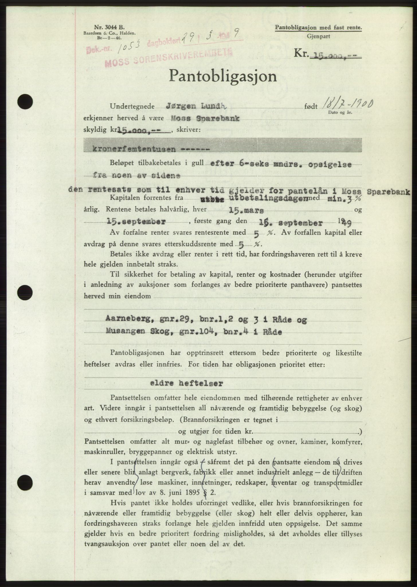 Moss sorenskriveri, SAO/A-10168: Pantebok nr. B21, 1949-1949, Dagboknr: 1053/1949