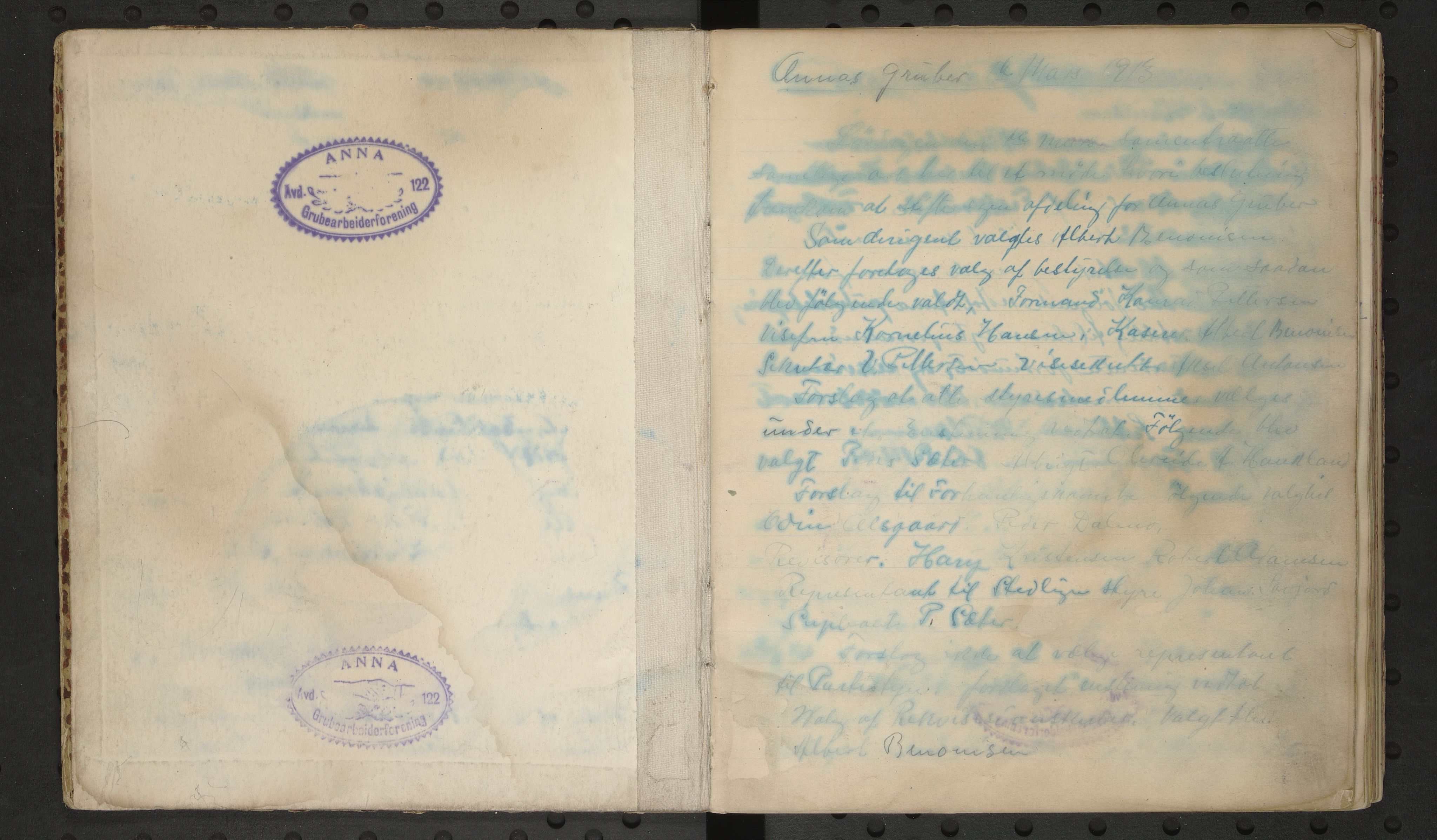 Anna gruvearbeiderforening, avdeling 122 av Norsk arbeidsmandsforbund , AIN/A-22/200/A/Aa/L0001: Protokoll for avdeling 122 Anna, 1913-1919