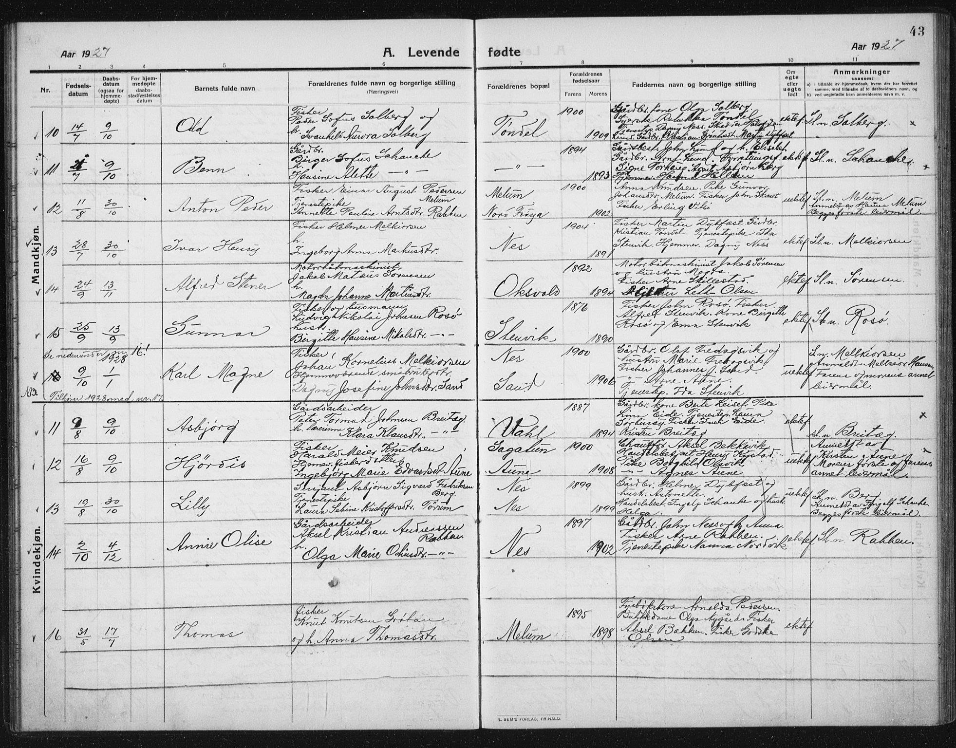 Ministerialprotokoller, klokkerbøker og fødselsregistre - Sør-Trøndelag, SAT/A-1456/652/L0654: Klokkerbok nr. 652C02, 1910-1937, s. 43