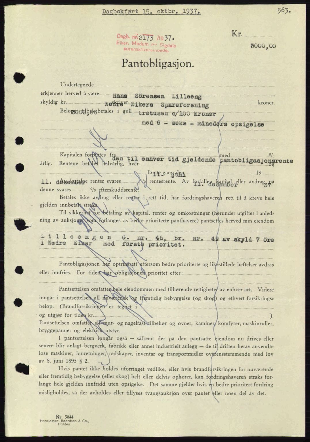 Eiker, Modum og Sigdal sorenskriveri, SAKO/A-123/G/Ga/Gab/L0036: Pantebok nr. A6, 1937-1937, Dagboknr: 2173/1937