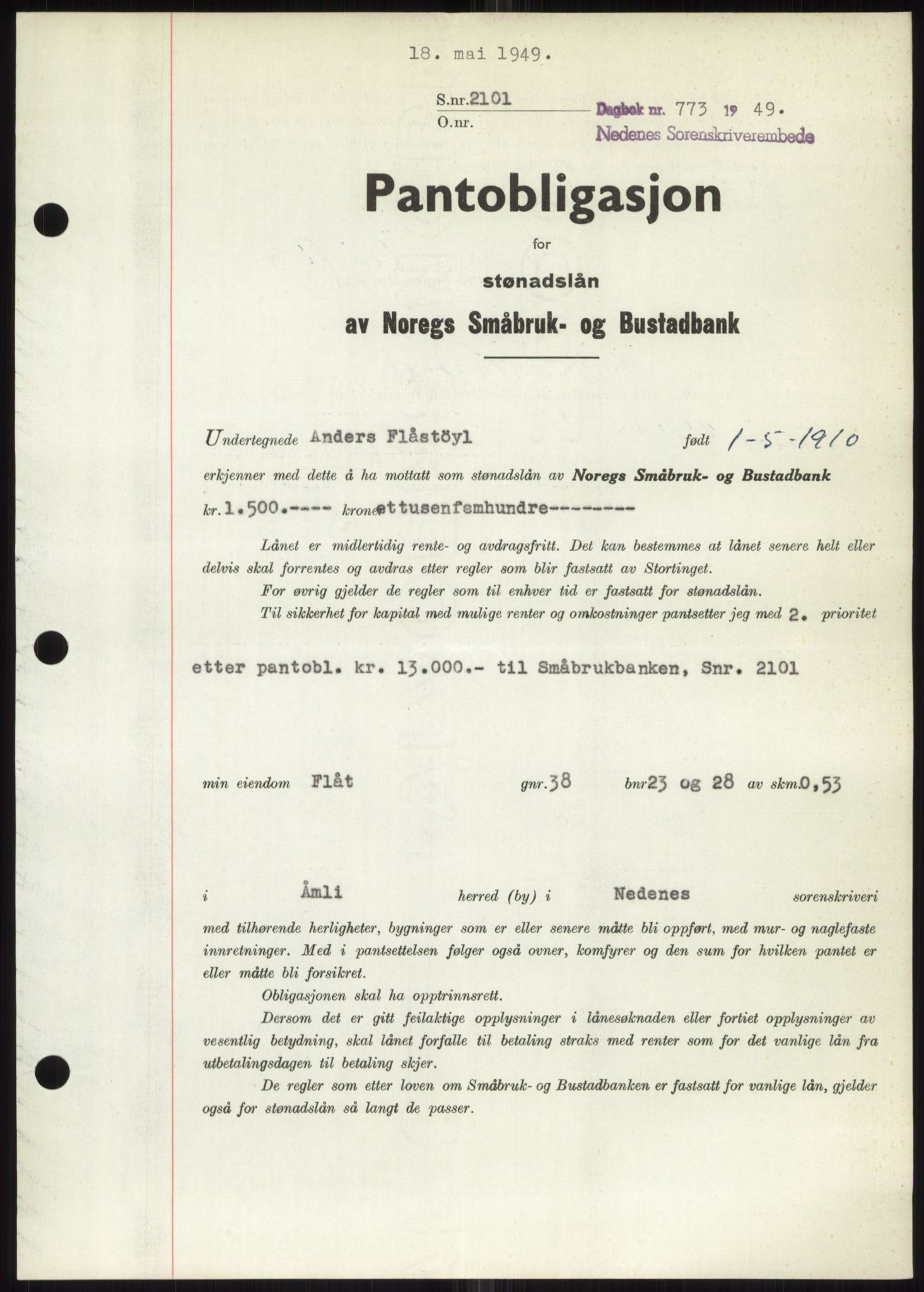 Nedenes sorenskriveri, SAK/1221-0006/G/Gb/Gbb/L0006: Pantebok nr. B6, 1948-1949, Dagboknr: 773/1949