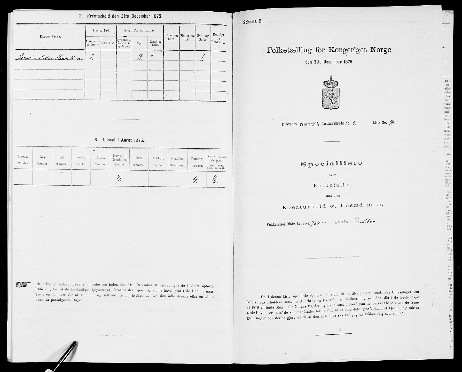 SAK, Folketelling 1875 for 0915P Dypvåg prestegjeld, 1875, s. 1105